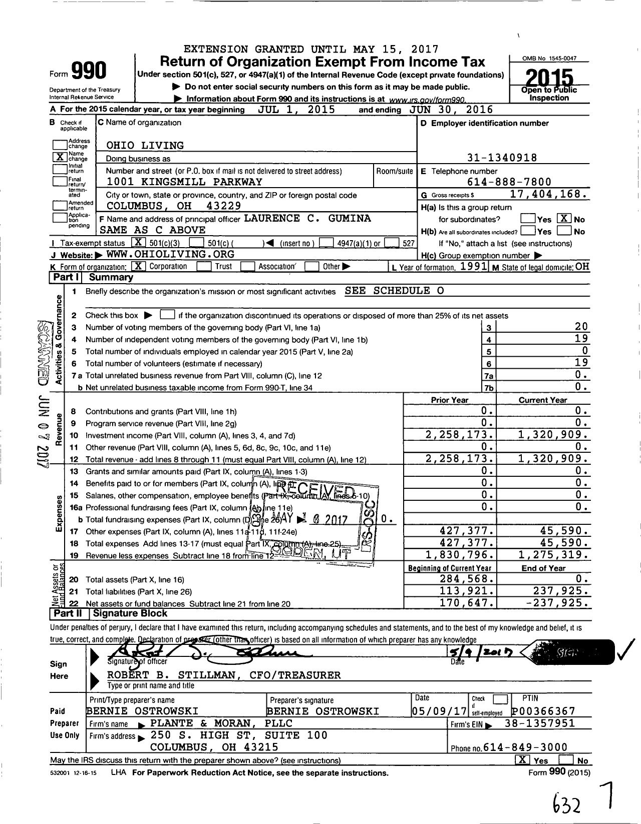 Image of first page of 2015 Form 990 for Ohio Living