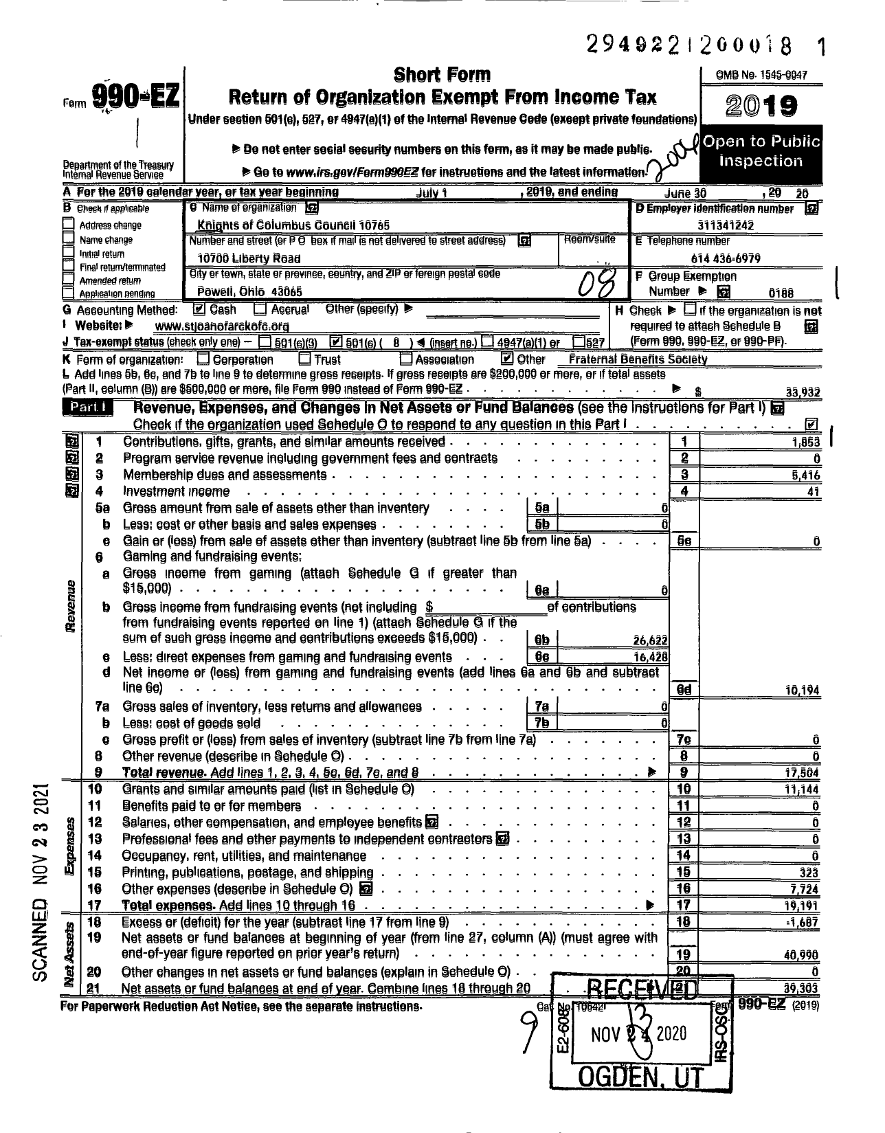 Image of first page of 2019 Form 990EO for Knights of Columbus - 10765 Saint Joan of Arc Council