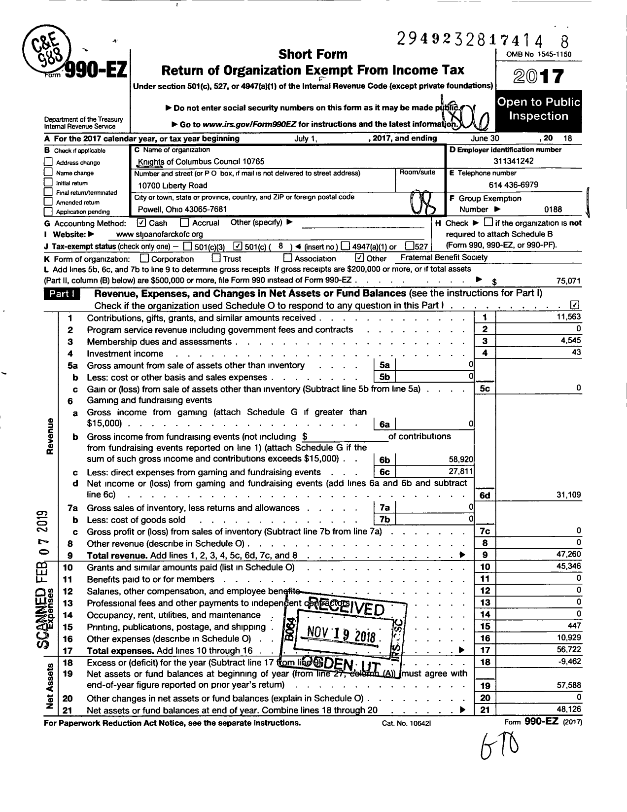 Image of first page of 2017 Form 990EO for Knights of Columbus - 10765 Saint Joan of Arc Council