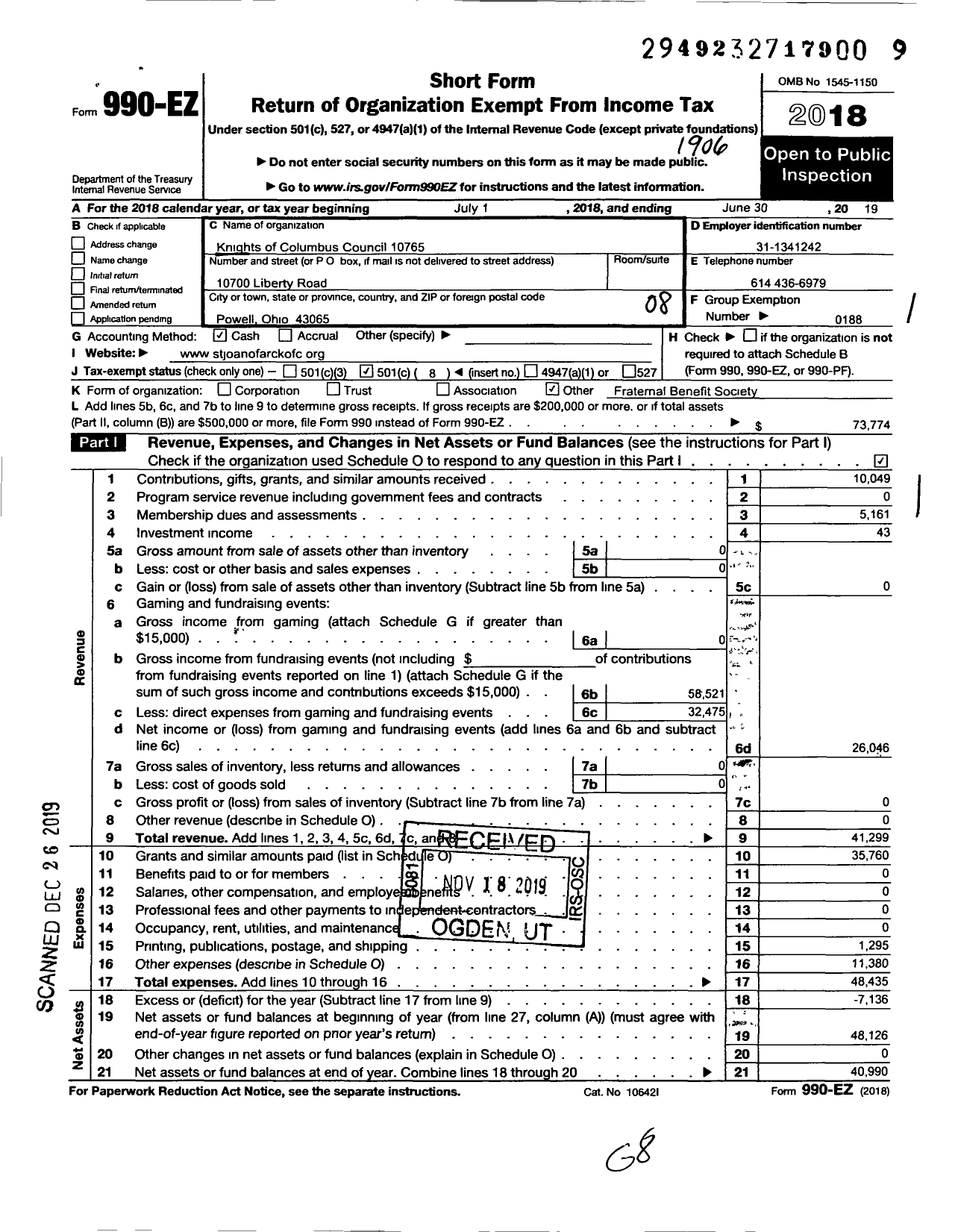 Image of first page of 2018 Form 990EO for Knights of Columbus - 10765 Saint Joan of Arc Council