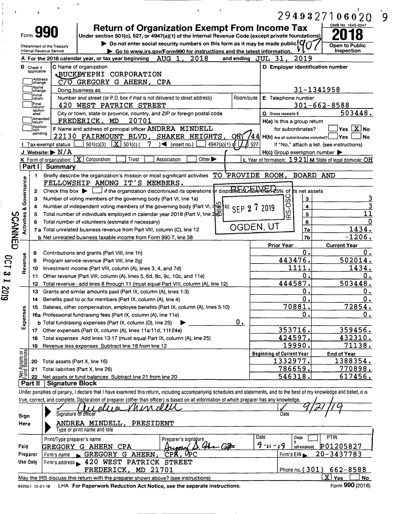 Image of first page of 2018 Form 990O for Buckeyephi Corporation