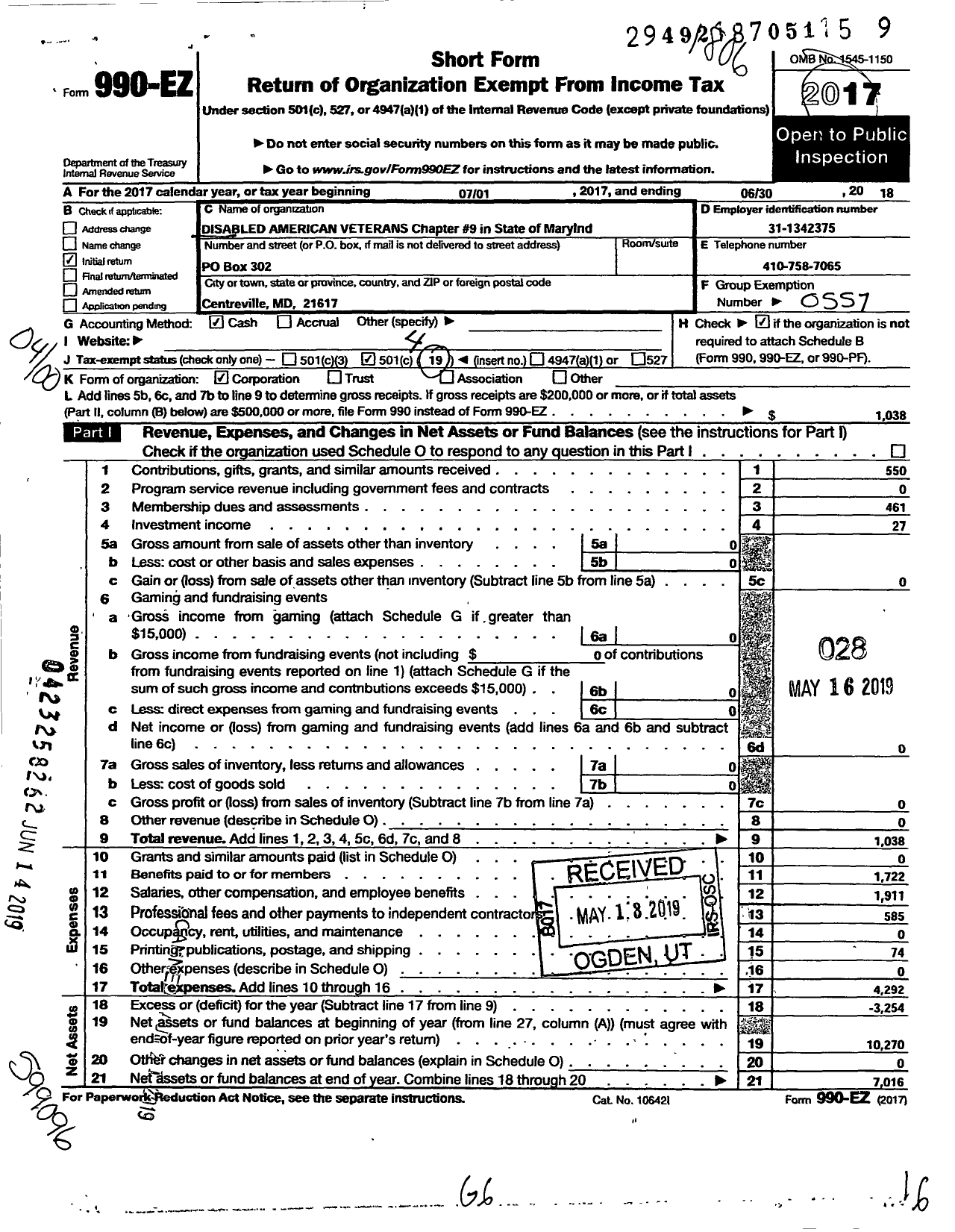 Image of first page of 2017 Form 990EO for Disabled American Veterans - 9 Edward T Conroy