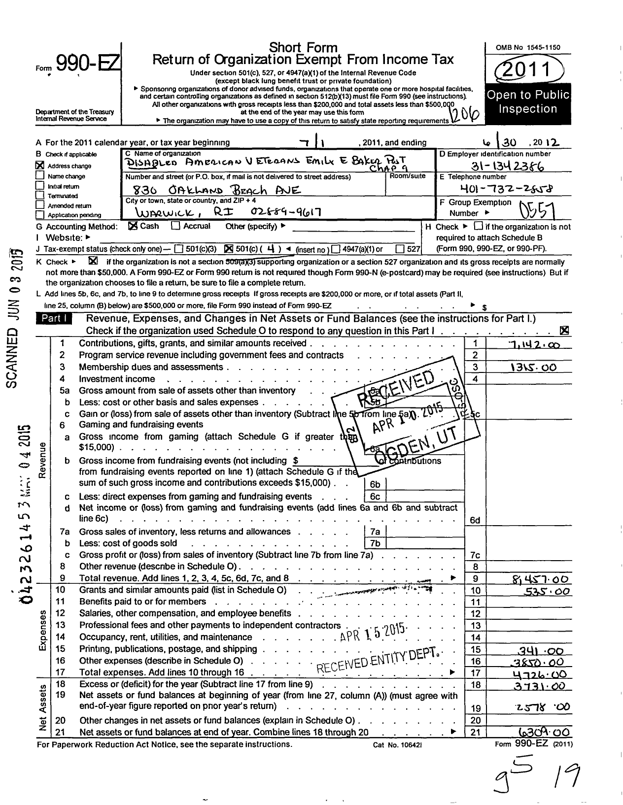 Image of first page of 2011 Form 990EO for Disabled American Veterans / 9 Emily E Baker