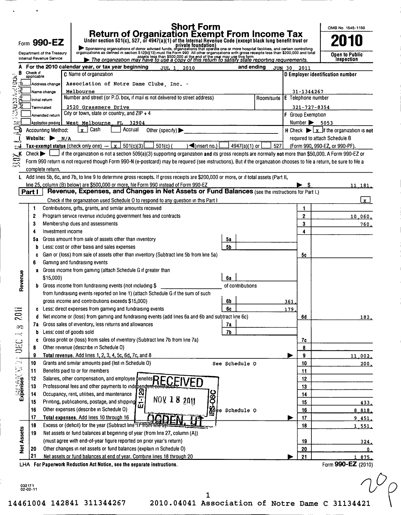 Image of first page of 2010 Form 990EZ for Association of Notre Dame Clubs Inc - Melbourne