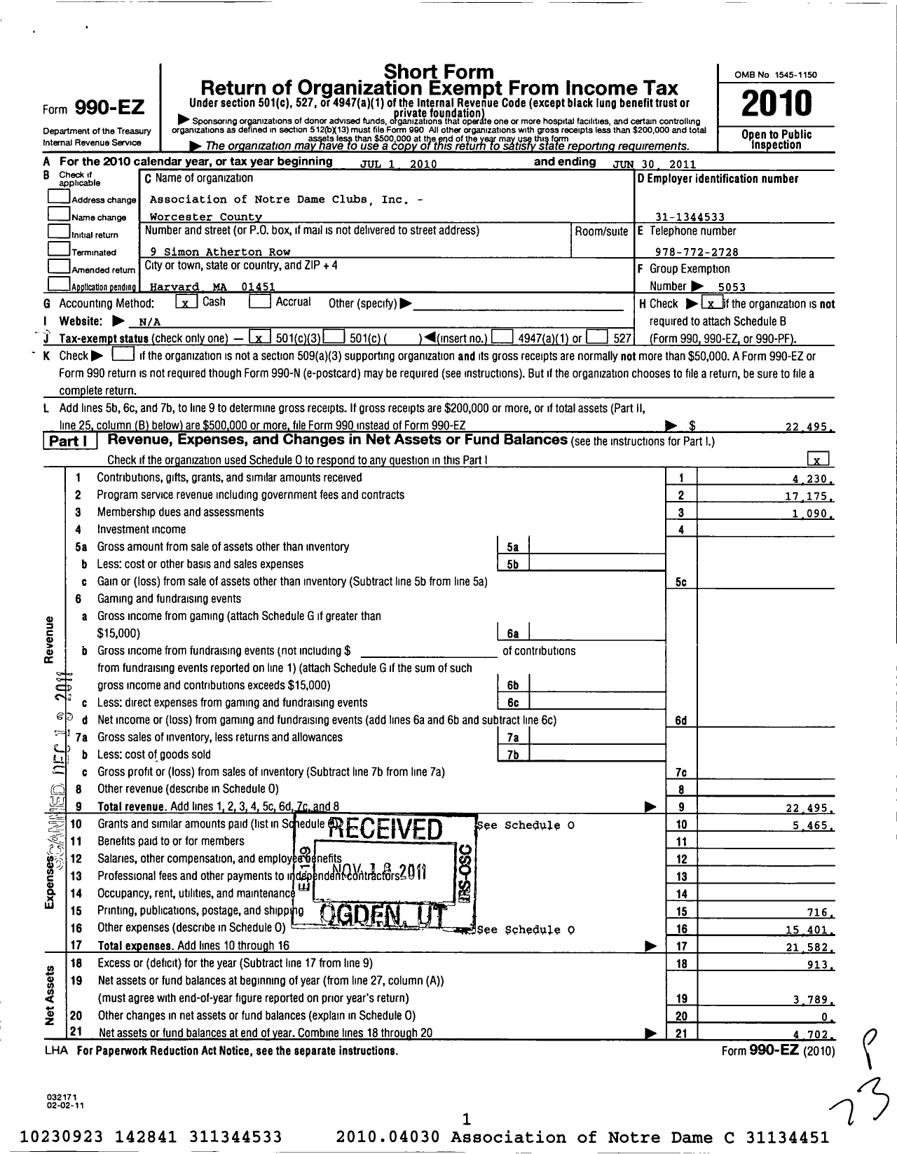 Image of first page of 2010 Form 990EZ for Association of Notre Dame Clubs Inc - Worcester County