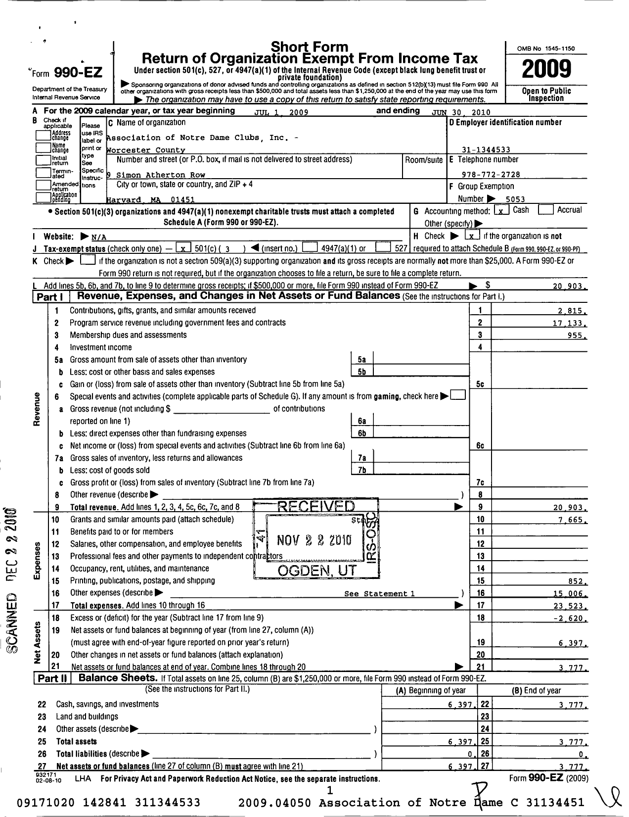 Image of first page of 2009 Form 990EZ for Association of Notre Dame Clubs Inc - Worcester County