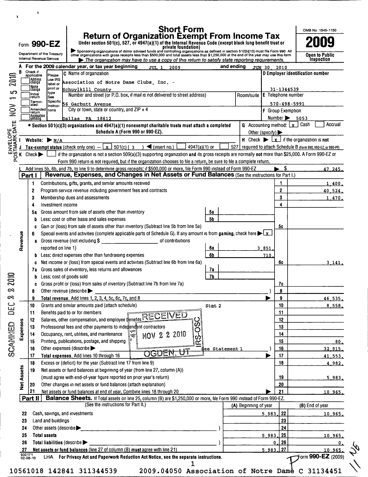 Image of first page of 2009 Form 990EZ for Association of Notre Dame Clubs - Schuylkill County