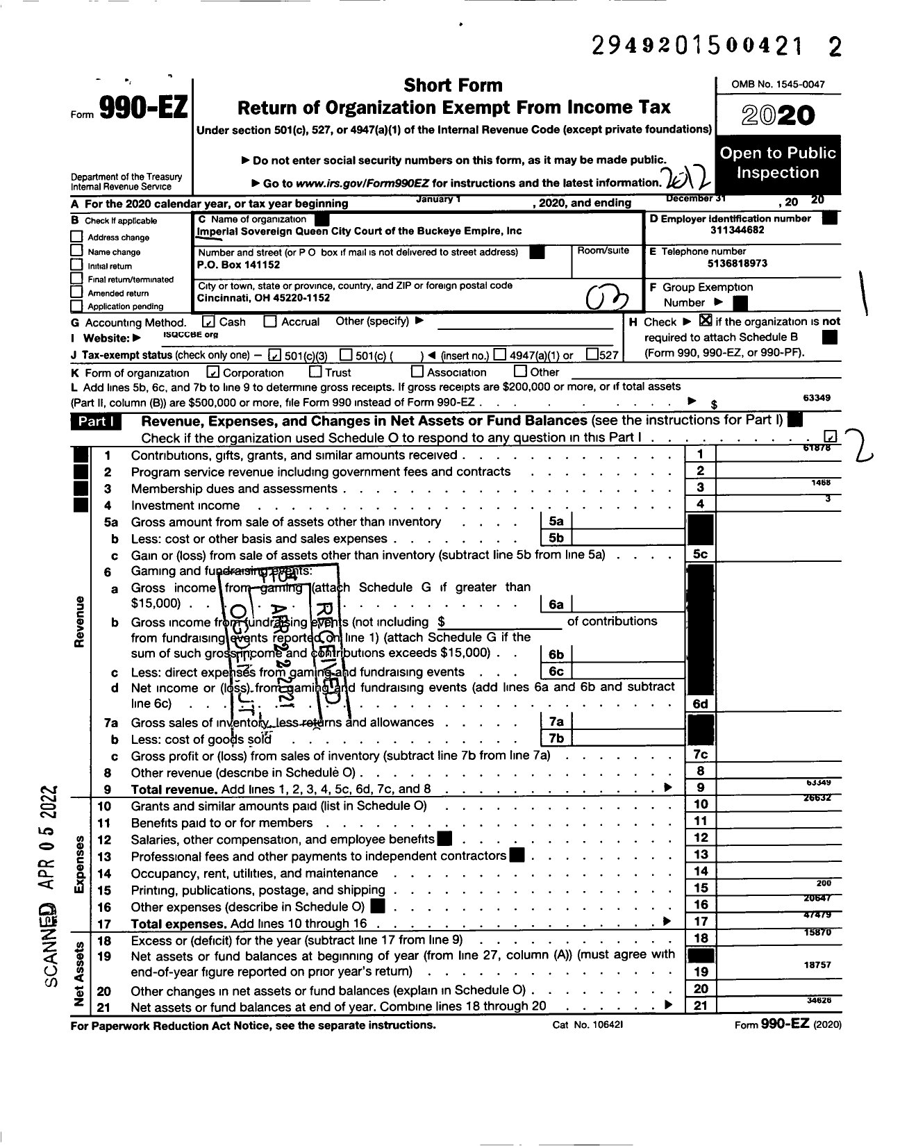 Image of first page of 2020 Form 990EZ for Imperial Sovereign Queen City Court of the Buckeye Empire