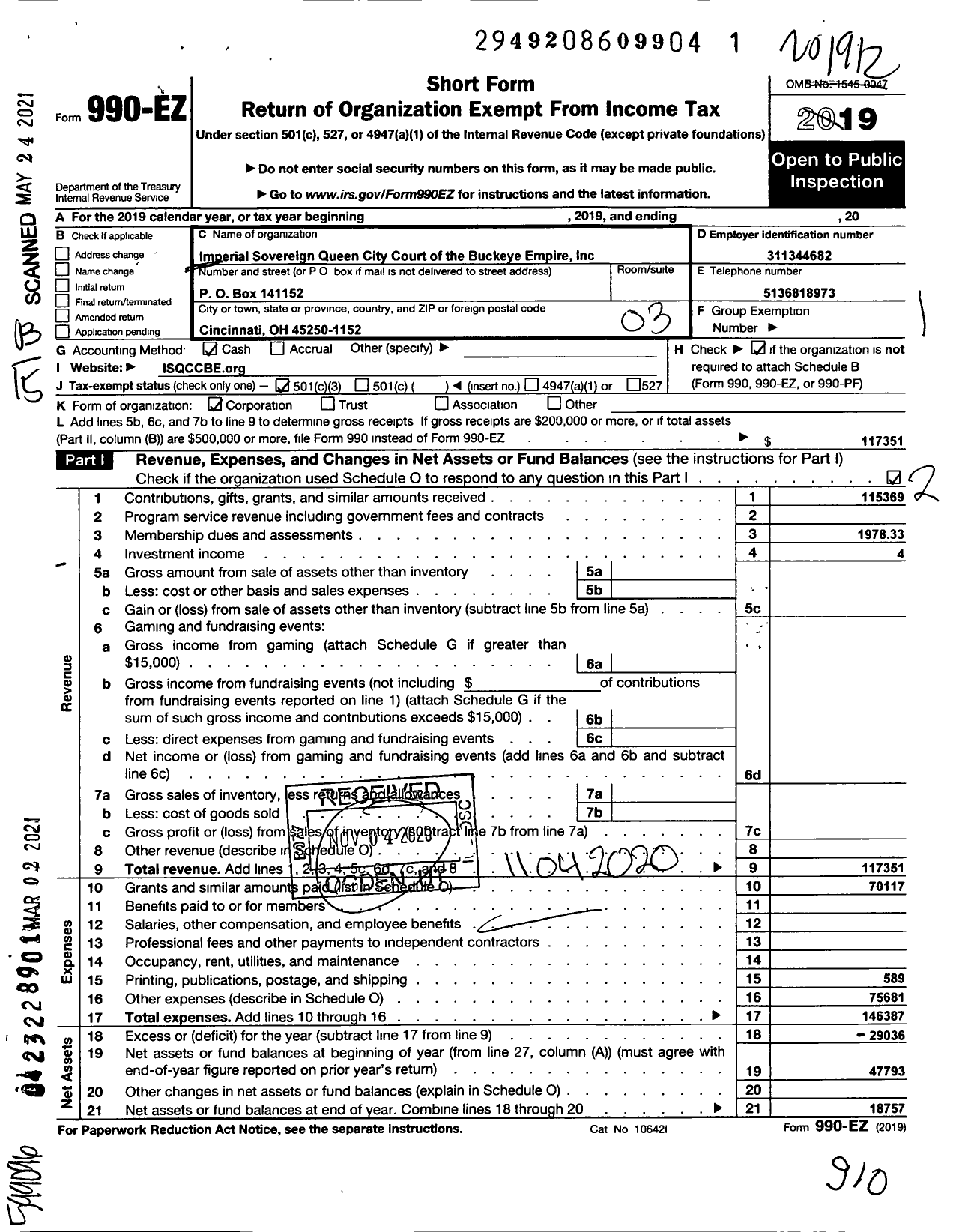 Image of first page of 2019 Form 990EZ for Imperial Sovereign Queen City Court of the Buckeye Empire