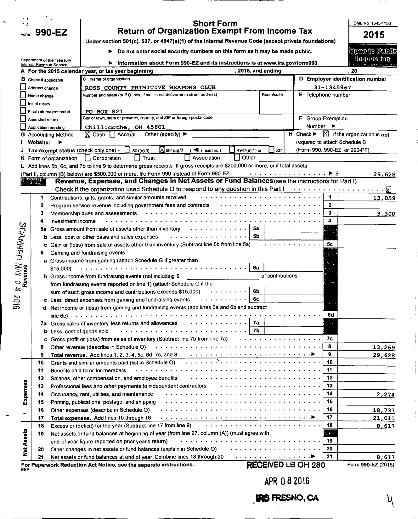 Image of first page of 2015 Form 990EO for Ross County Primitive Weapons Club