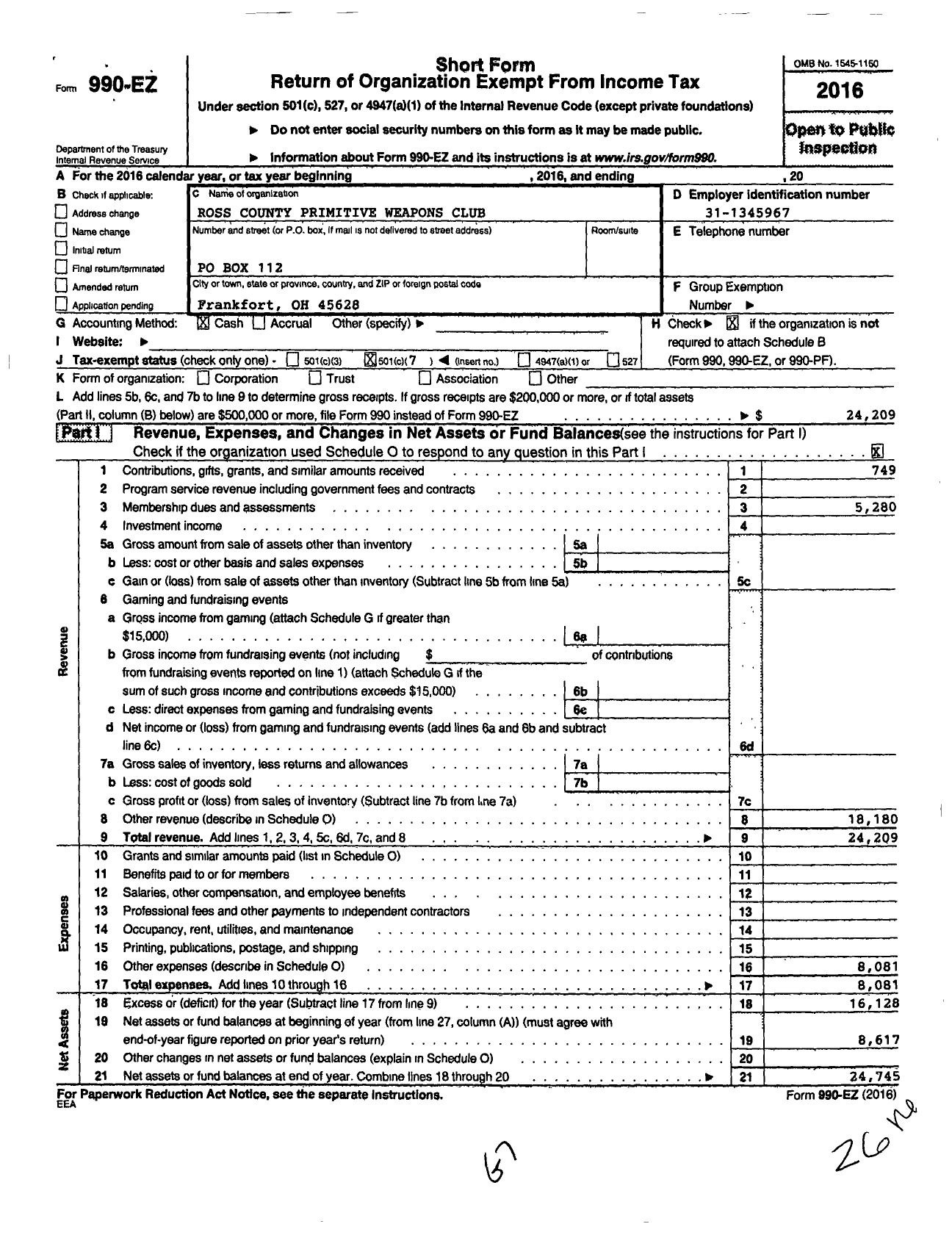 Image of first page of 2016 Form 990EO for Ross County Primitive Weapons Club