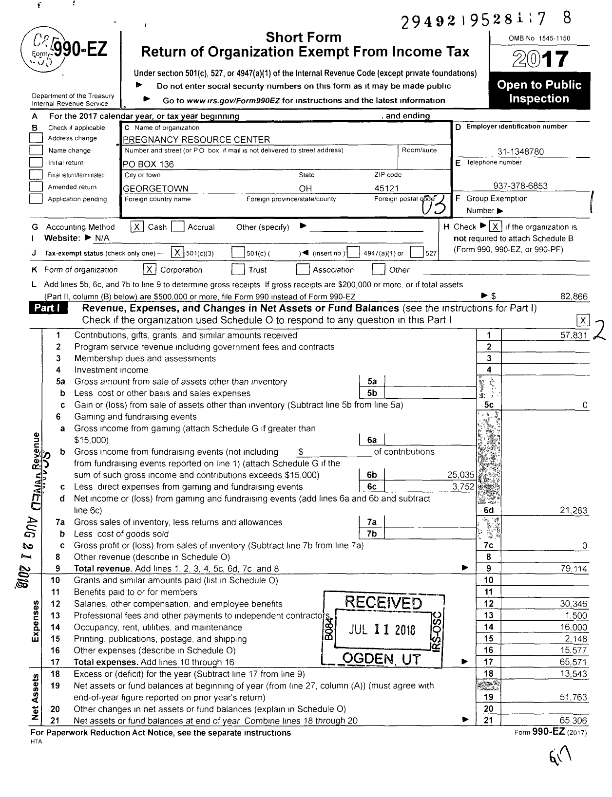 Image of first page of 2017 Form 990EZ for Pregnancy Resource Center