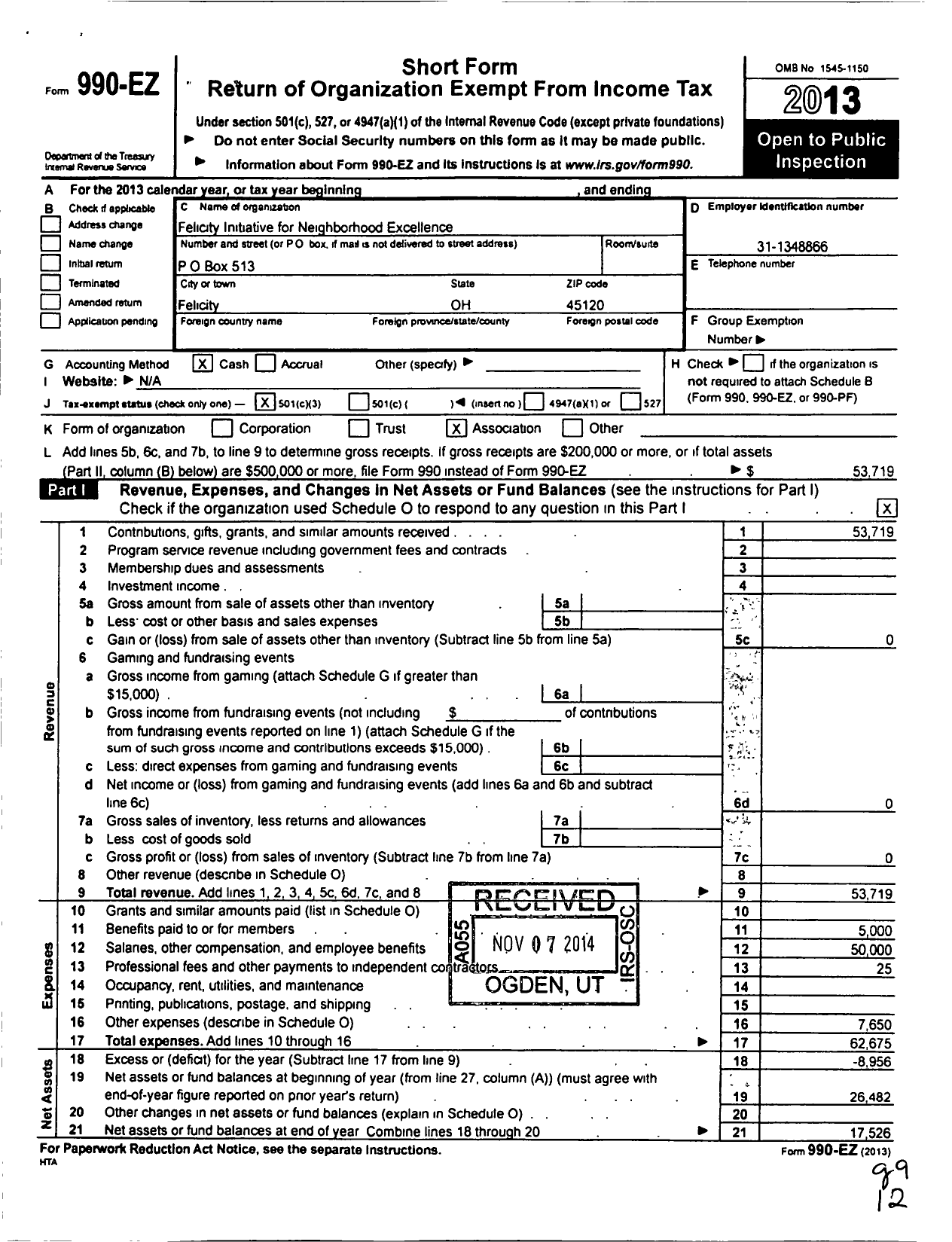 Image of first page of 2013 Form 990EZ for Felicity Initiative for Neighborhood Excellence (FINE)