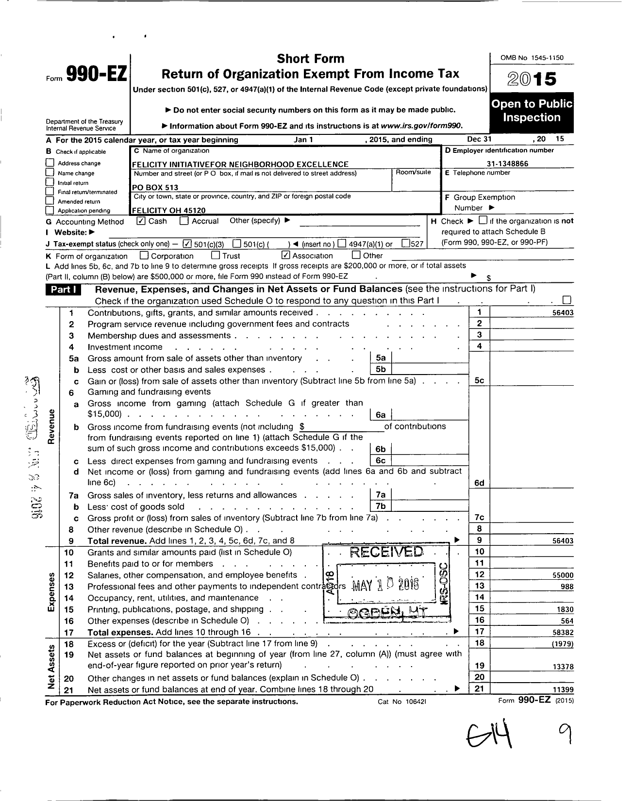 Image of first page of 2015 Form 990EZ for Felicity Initiative for Neighborhood Excellence (FINE)