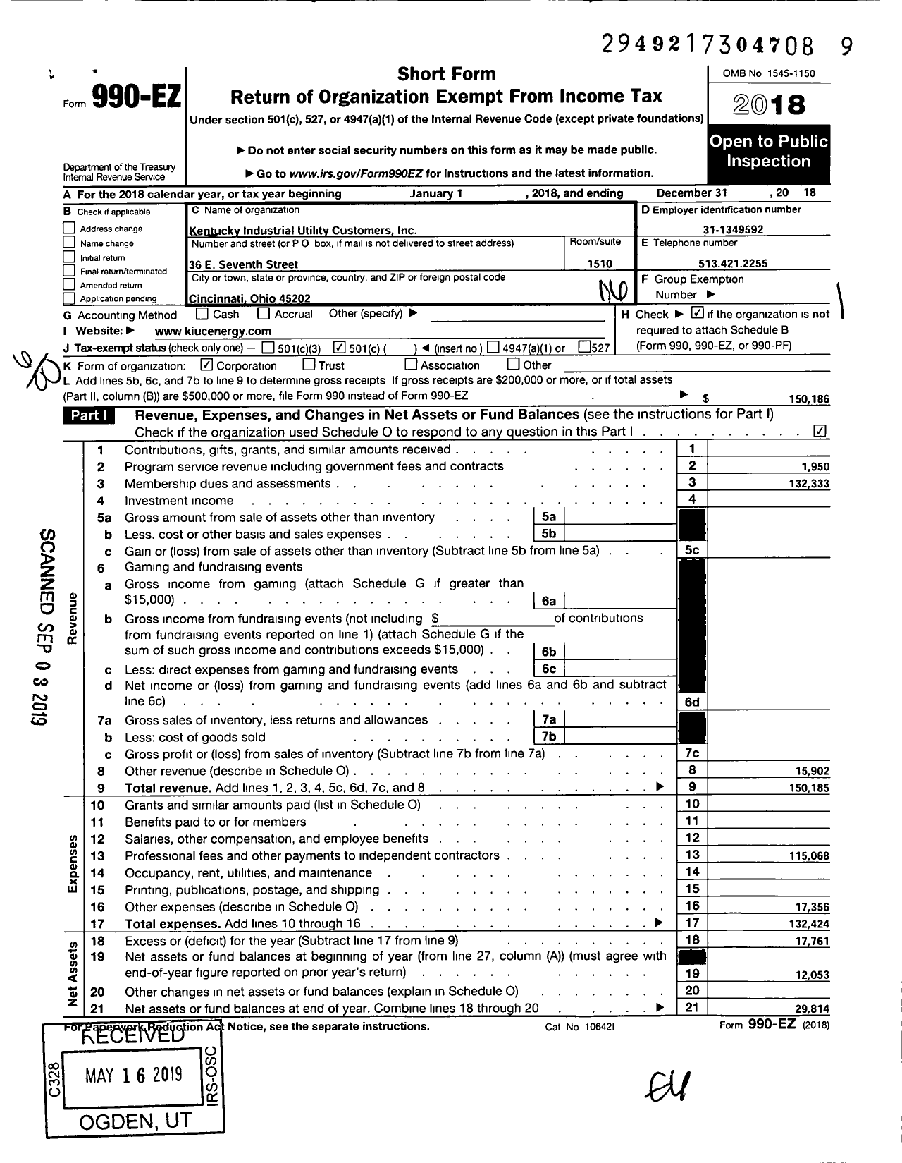 Image of first page of 2018 Form 990EO for Kentucky Industrial Utility Customers