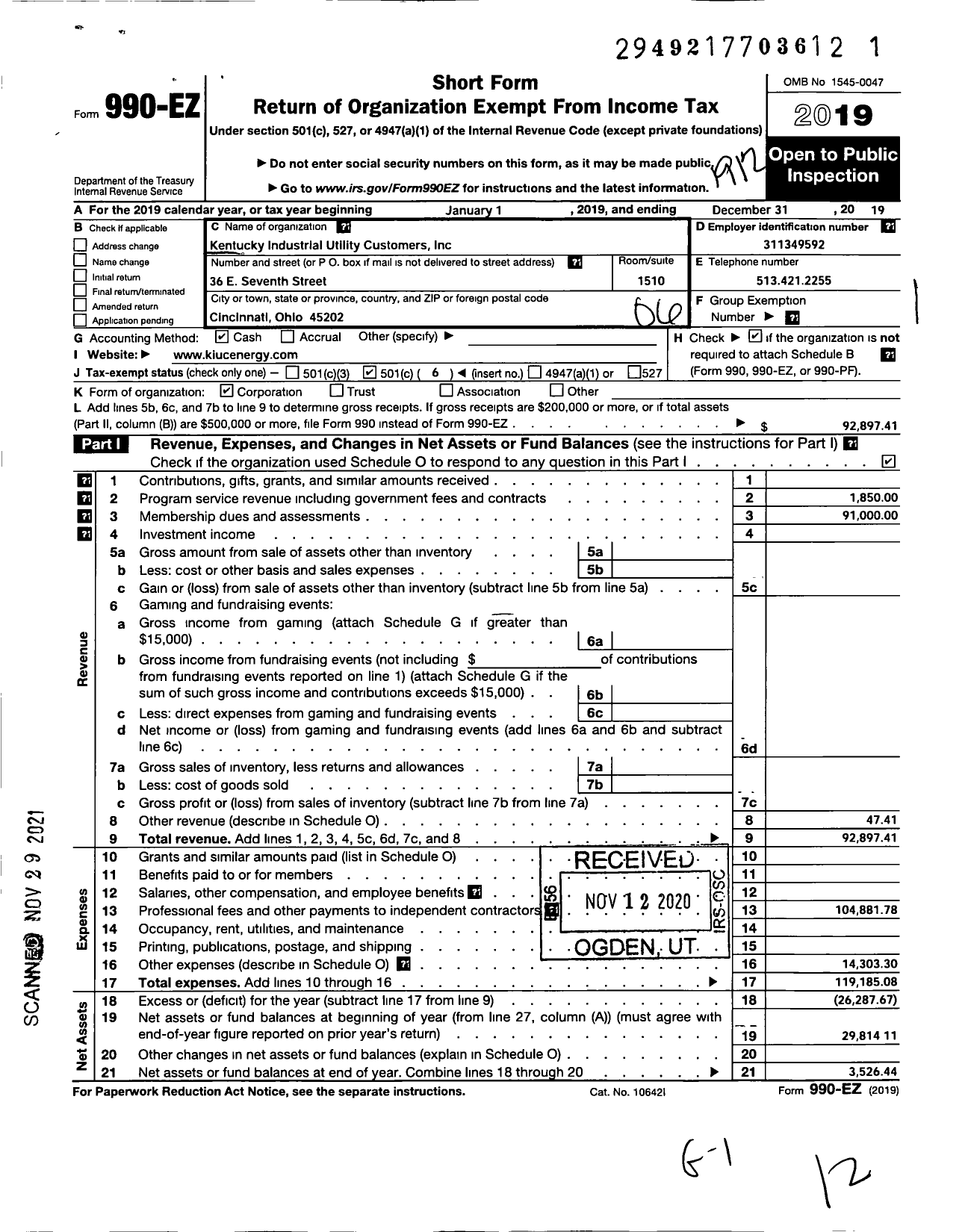 Image of first page of 2019 Form 990EO for Kentucky Industrial Utility Customers