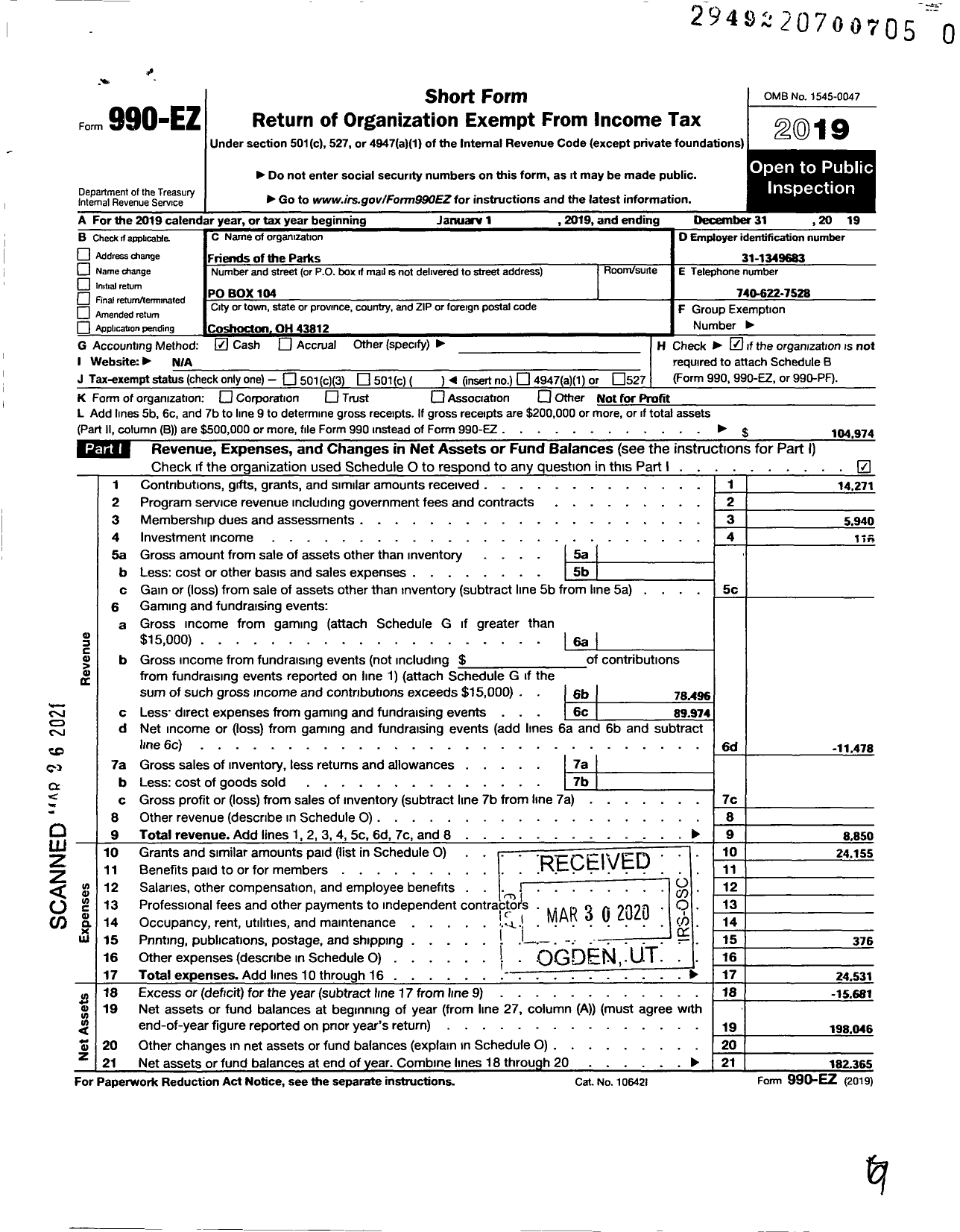 Image of first page of 2019 Form 990EO for Friends of the Parks