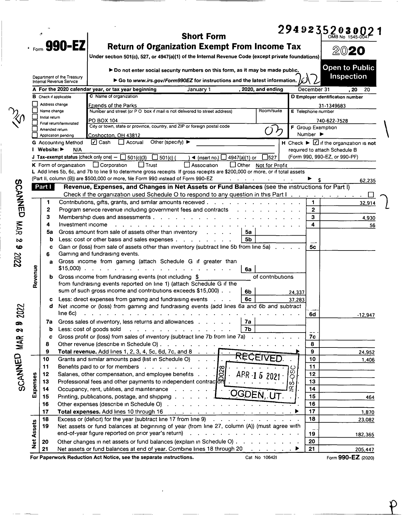 Image of first page of 2020 Form 990EZ for Friends of the Parks