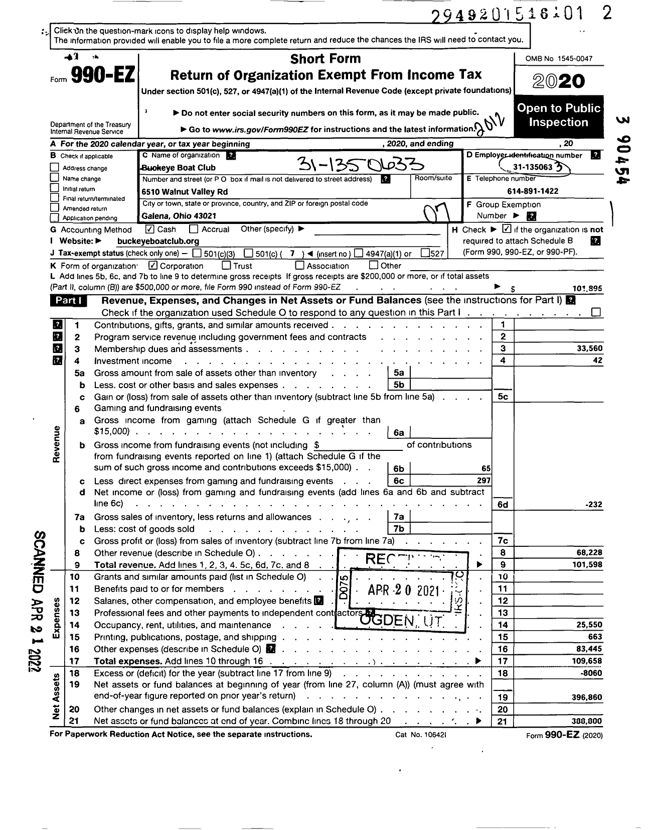 Image of first page of 2020 Form 990EO for Buckeye Boat Club