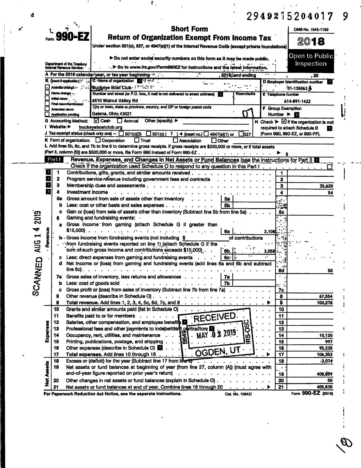 Image of first page of 2018 Form 990EO for Buckeye Boat Club