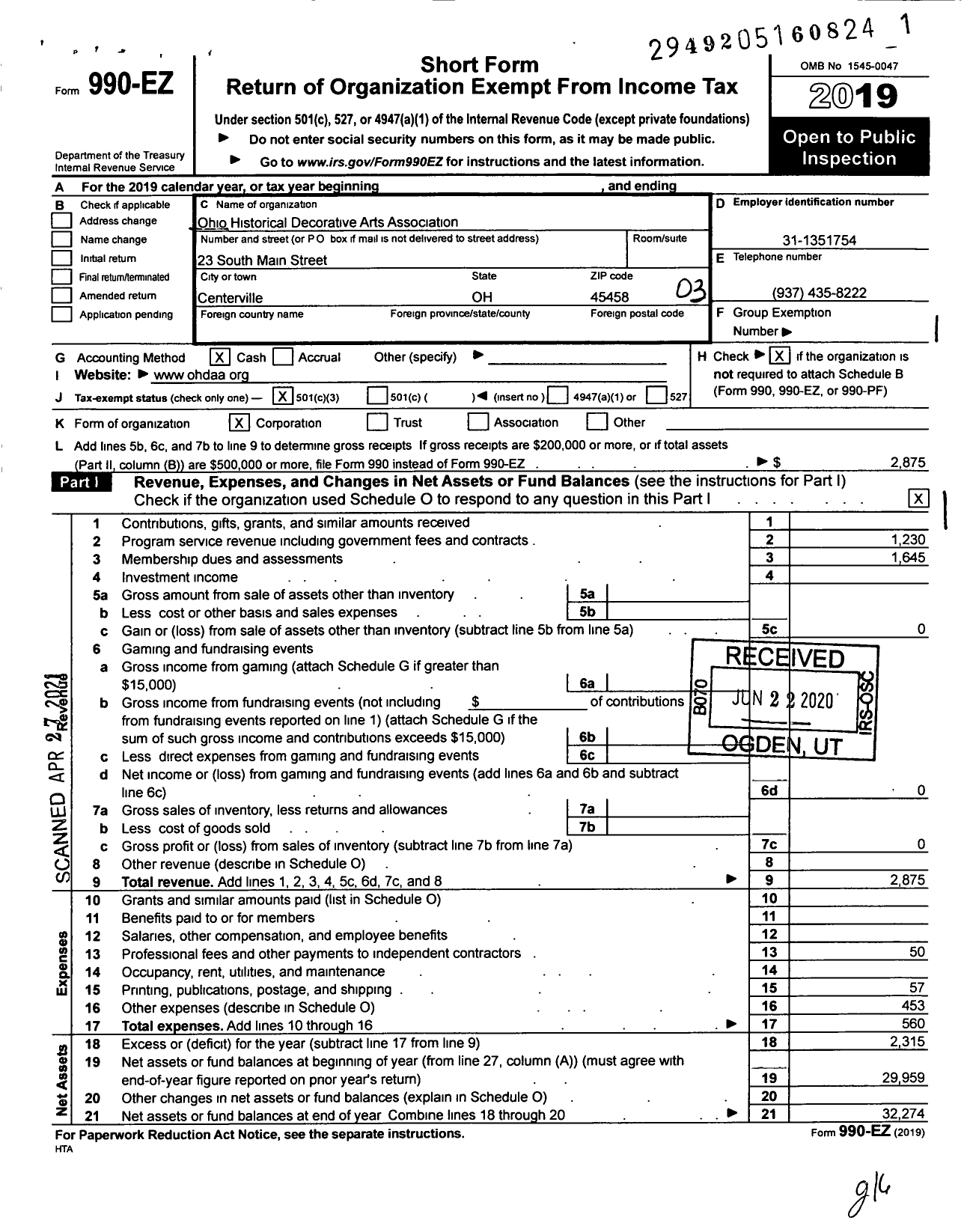 Image of first page of 2019 Form 990EZ for Ohio Historical Decorative Arts Association