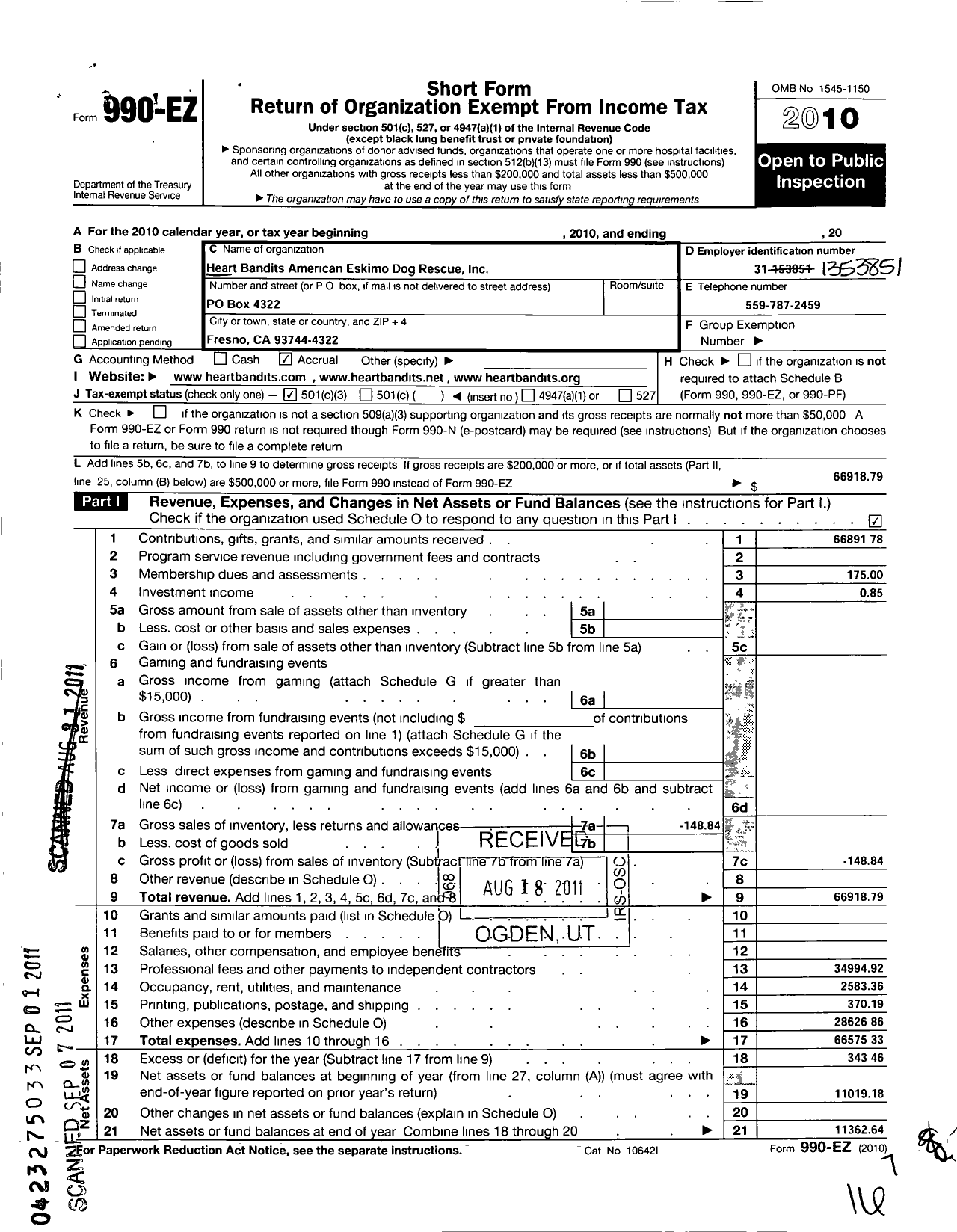 Image of first page of 2010 Form 990EZ for Heart Bandits American Eskimo Dog Rescue