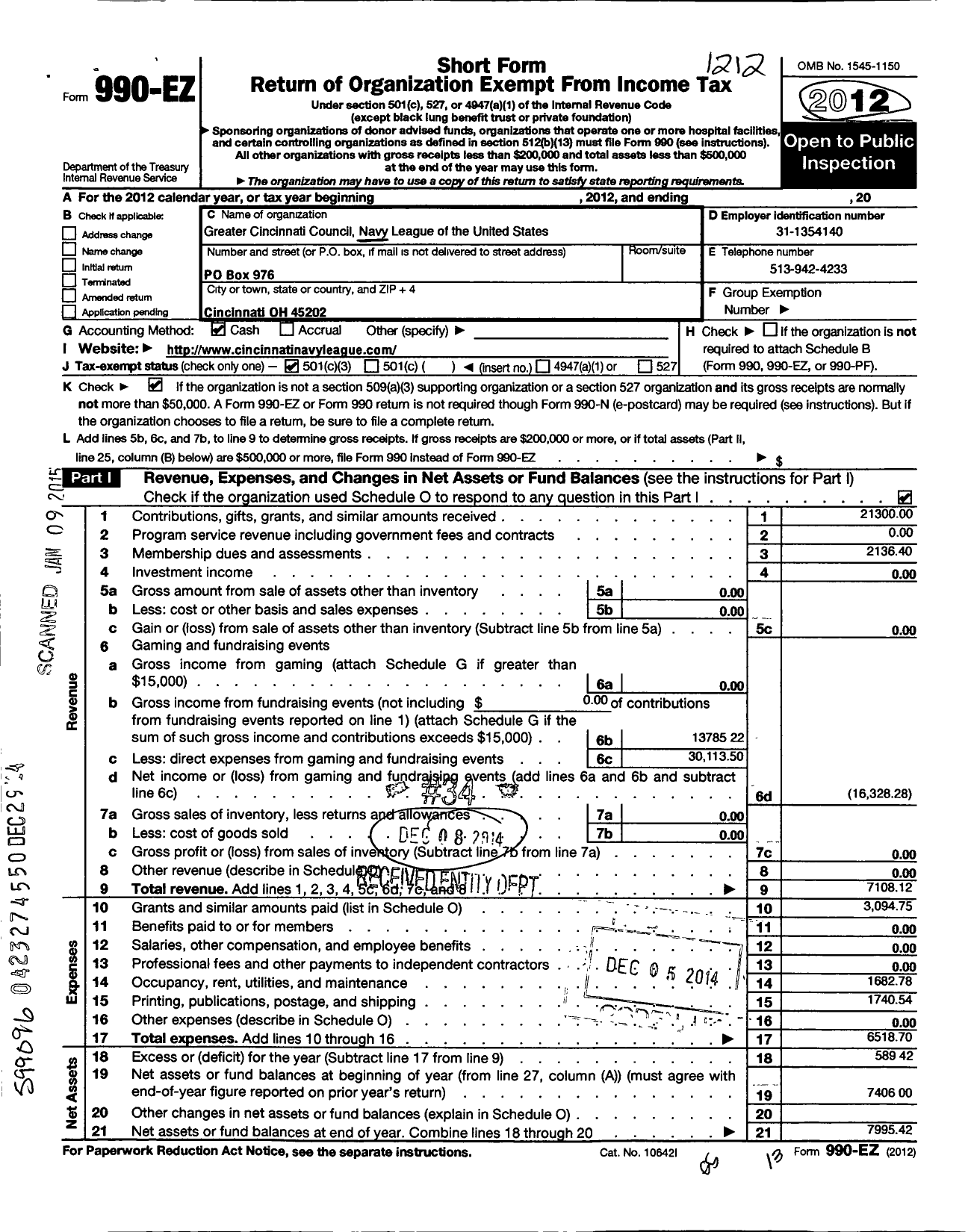 Image of first page of 2012 Form 990EZ for Navy League of the United States / Greater Cincinnati Council