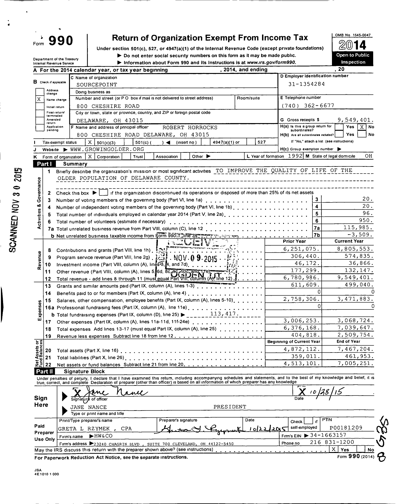 Image of first page of 2014 Form 990 for SourcePoint