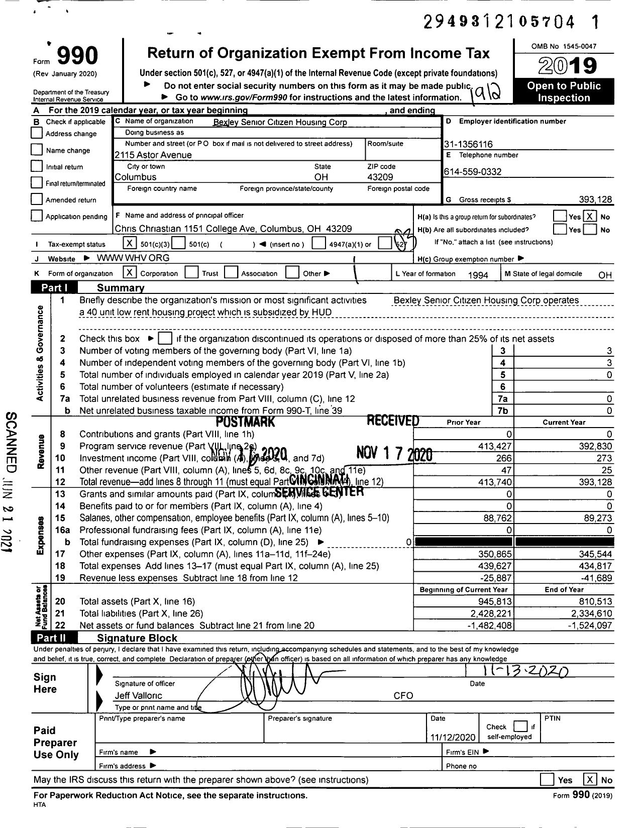 Image of first page of 2019 Form 990 for Bexley Senior Citizens Housing Corporation