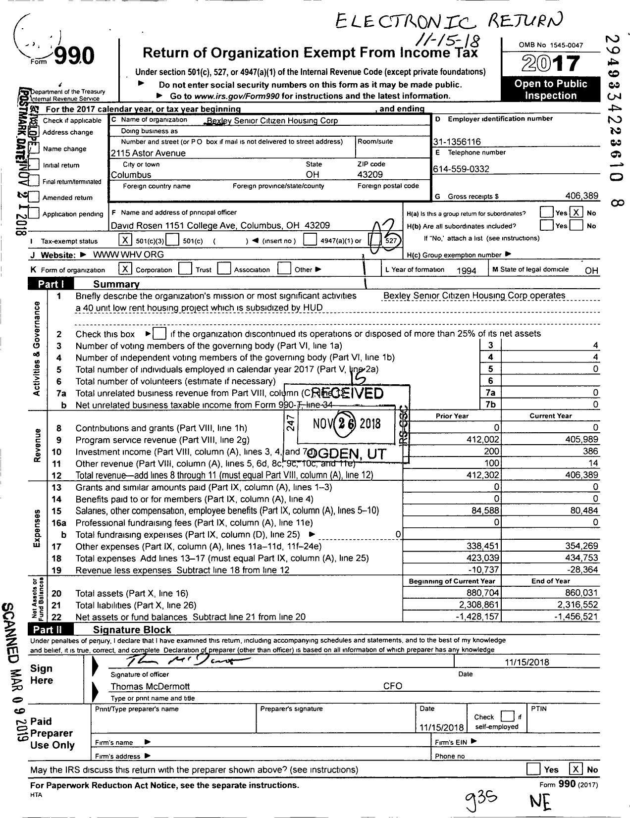 Image of first page of 2017 Form 990 for Bexley Senior Citizens Housing Corporation