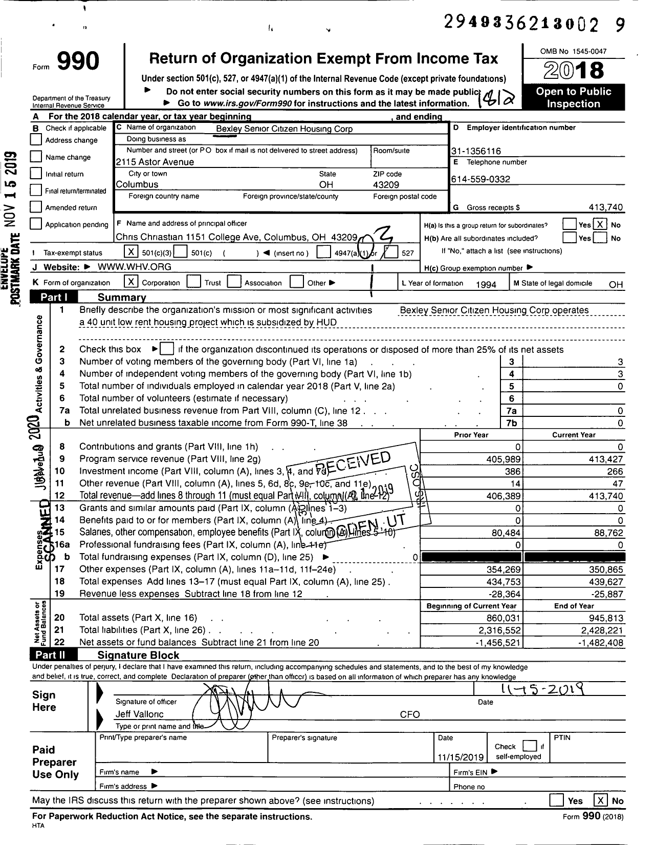 Image of first page of 2018 Form 990 for Bexley Senior Citizens Housing Corporation