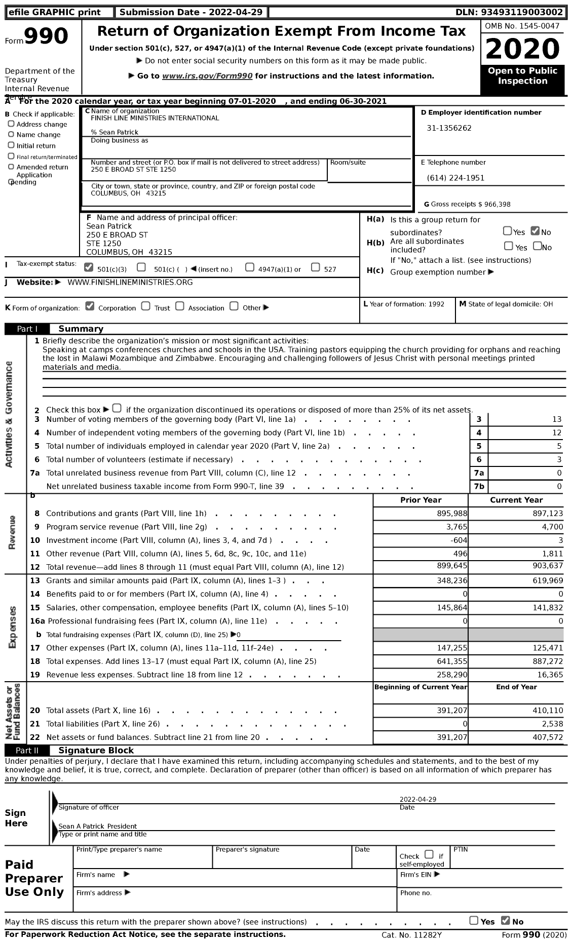 Image of first page of 2020 Form 990 for Finish Line Ministries International