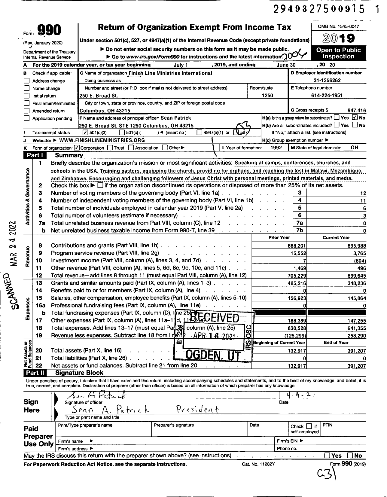 Image of first page of 2019 Form 990 for Finish Line Ministries International