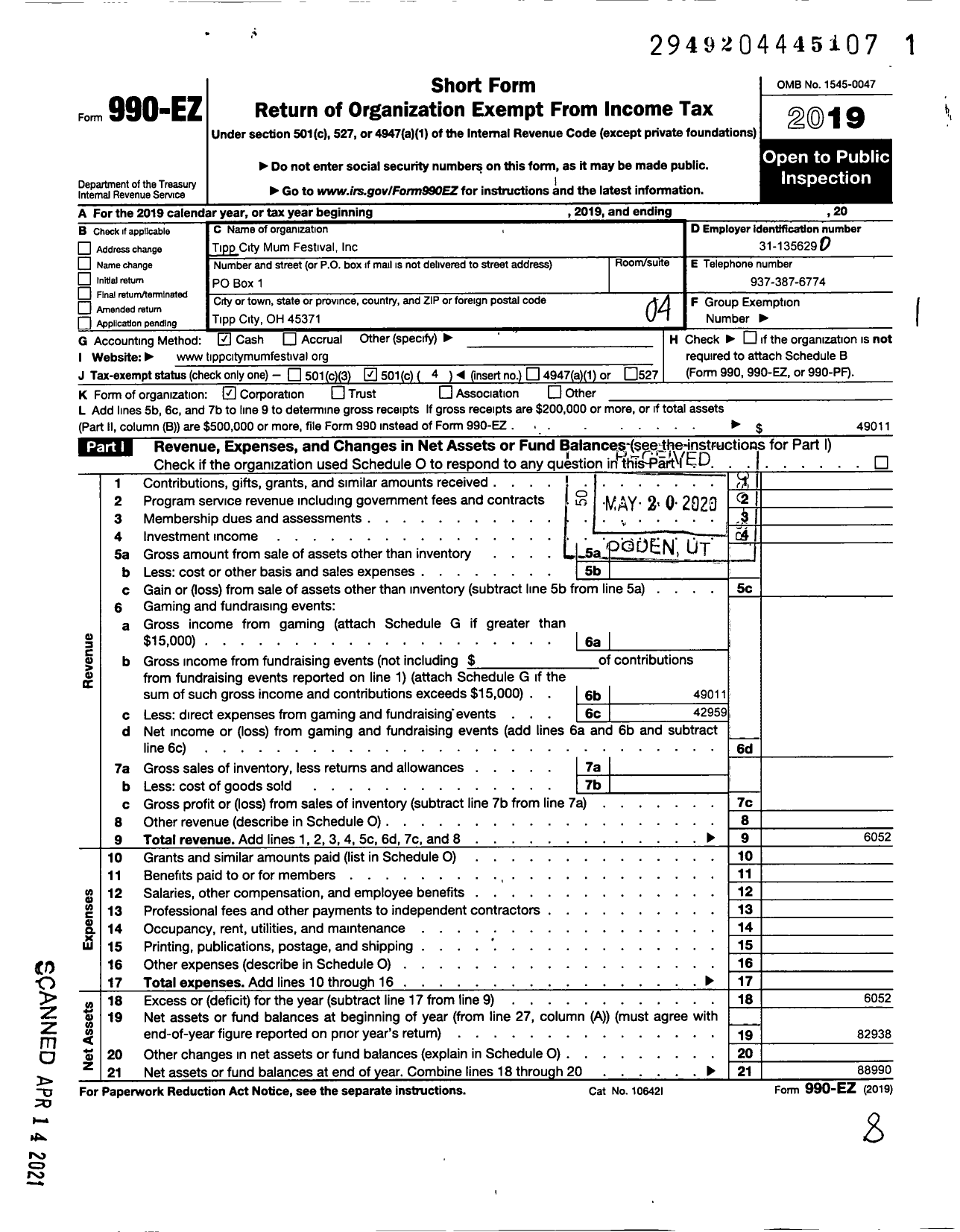 Image of first page of 2019 Form 990EO for Tipp City Mum Festival