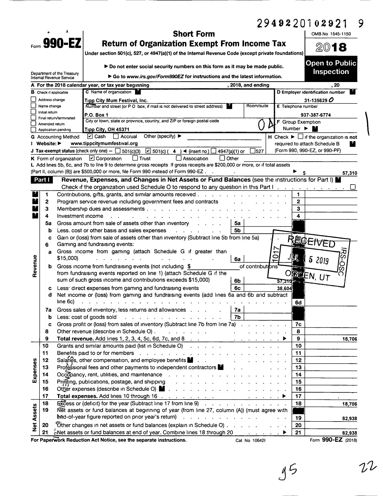 Image of first page of 2018 Form 990EO for Tipp City Mum Festival