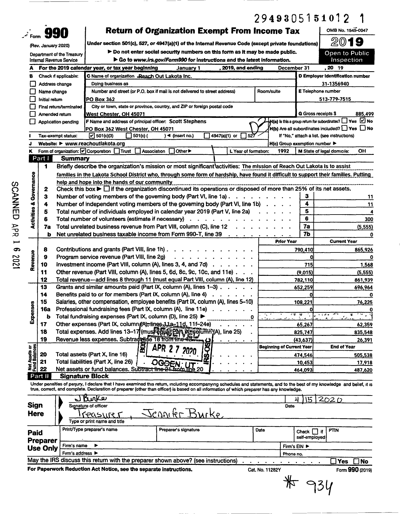 Image of first page of 2019 Form 990 for Reach Out Lakota