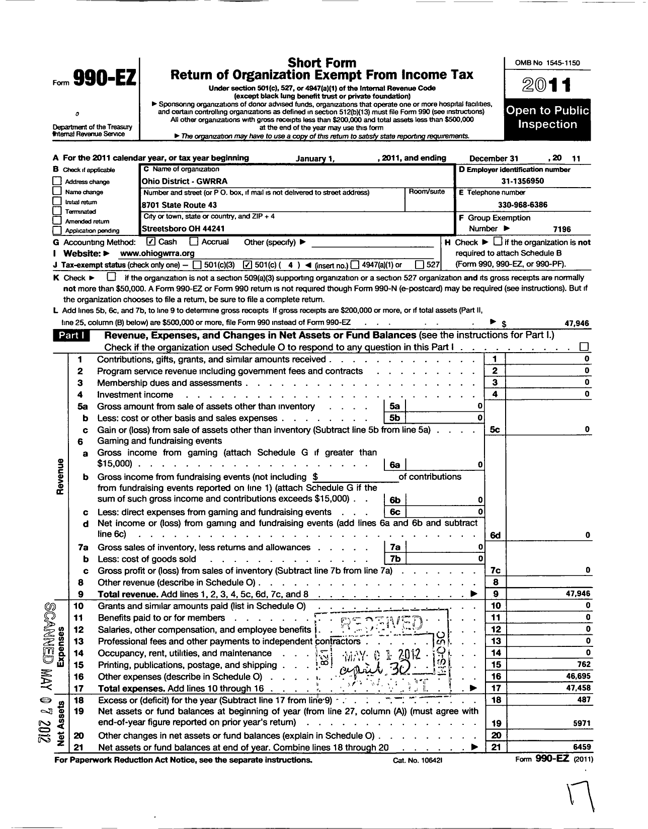 Image of first page of 2011 Form 990EO for Gold Wing Road Riders Association / District Oh