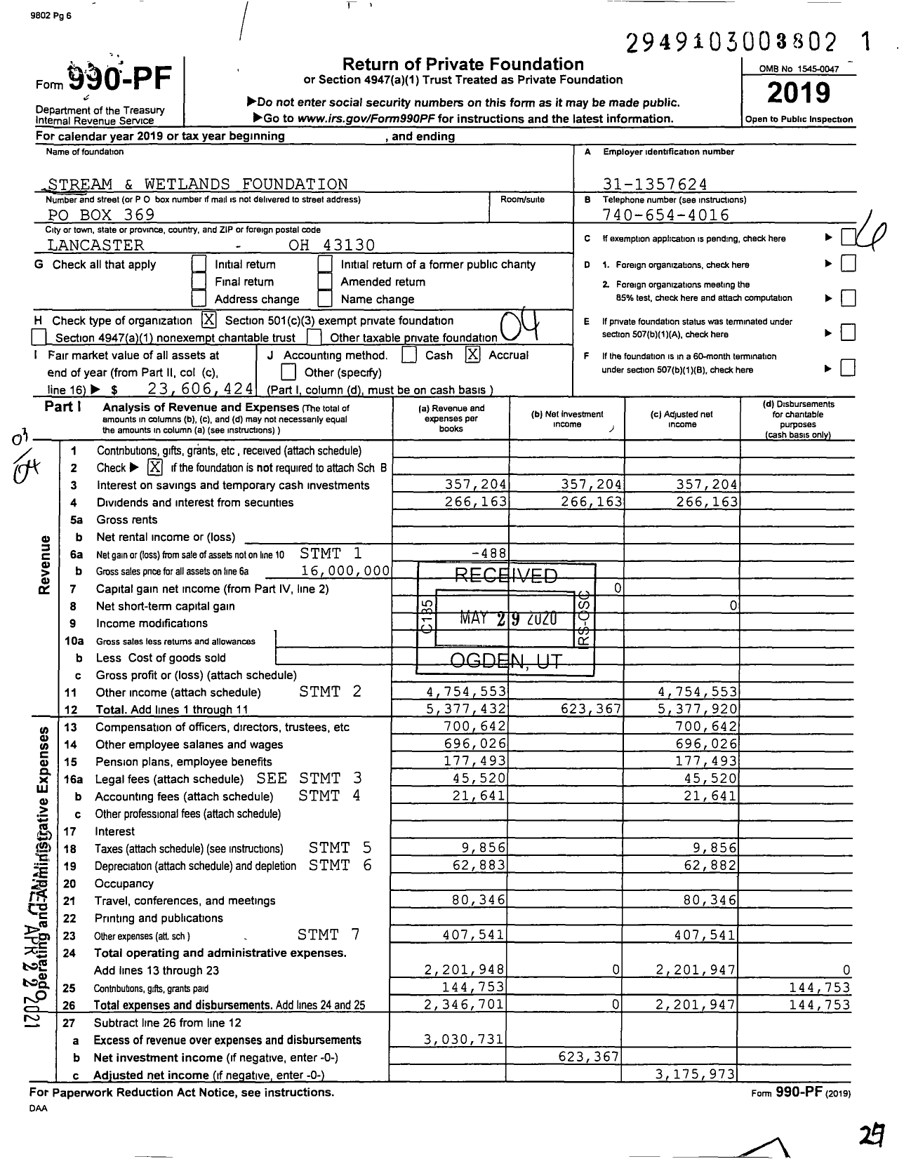 Image of first page of 2019 Form 990PF for Stream and Wetlands Foundation