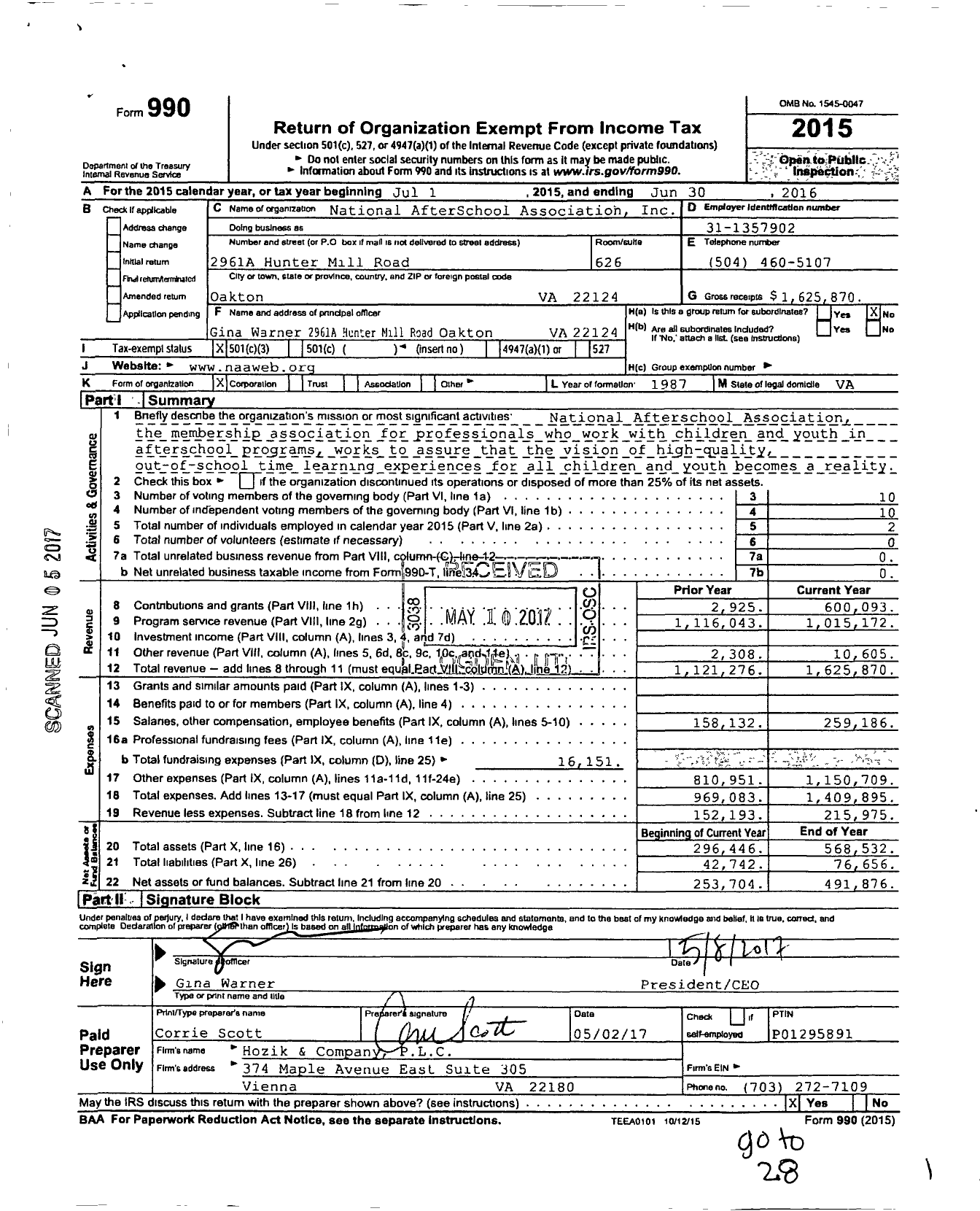 Image of first page of 2015 Form 990 for National AfterSchool Association (NAA)