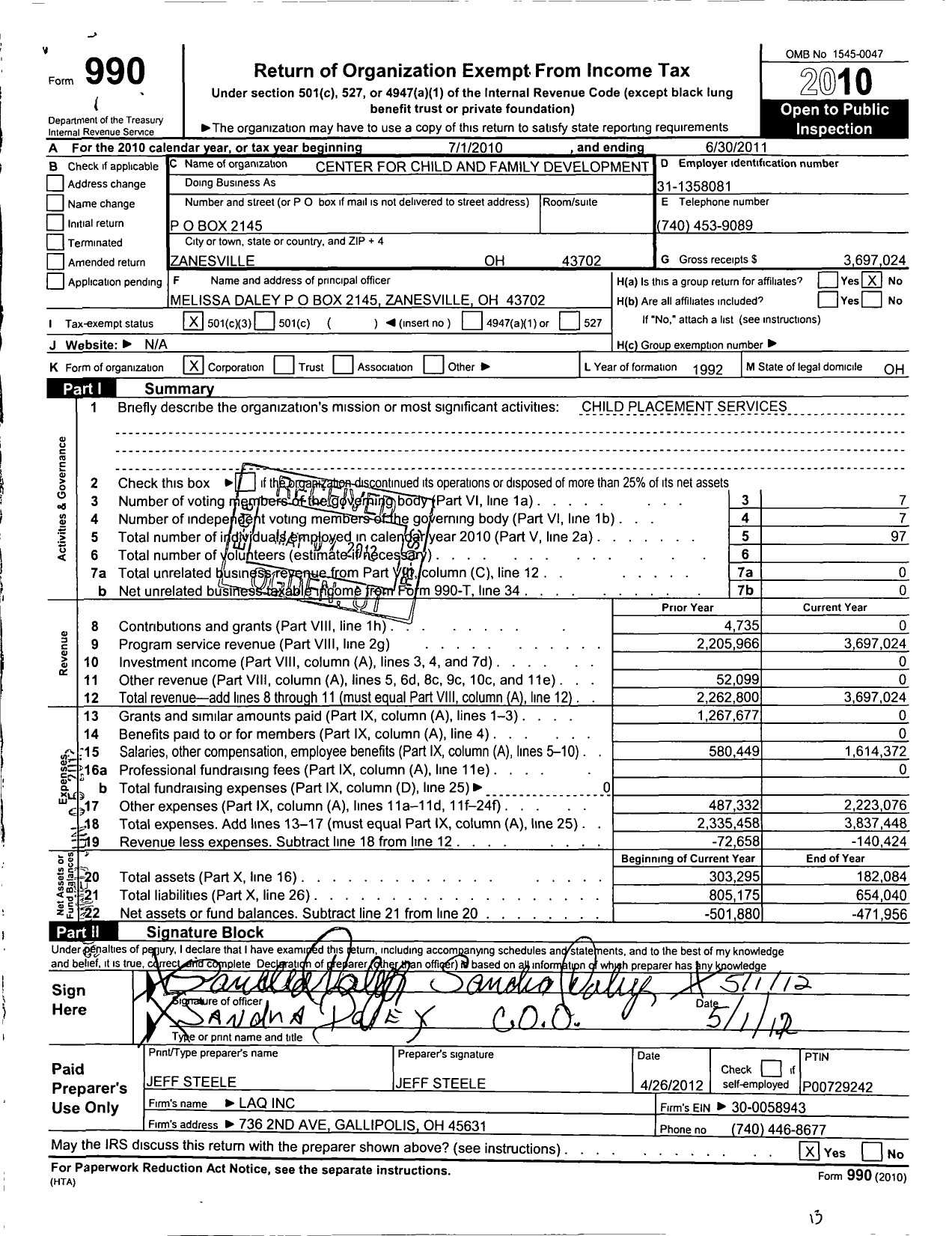 Image of first page of 2010 Form 990 for Center for Child and Family Development