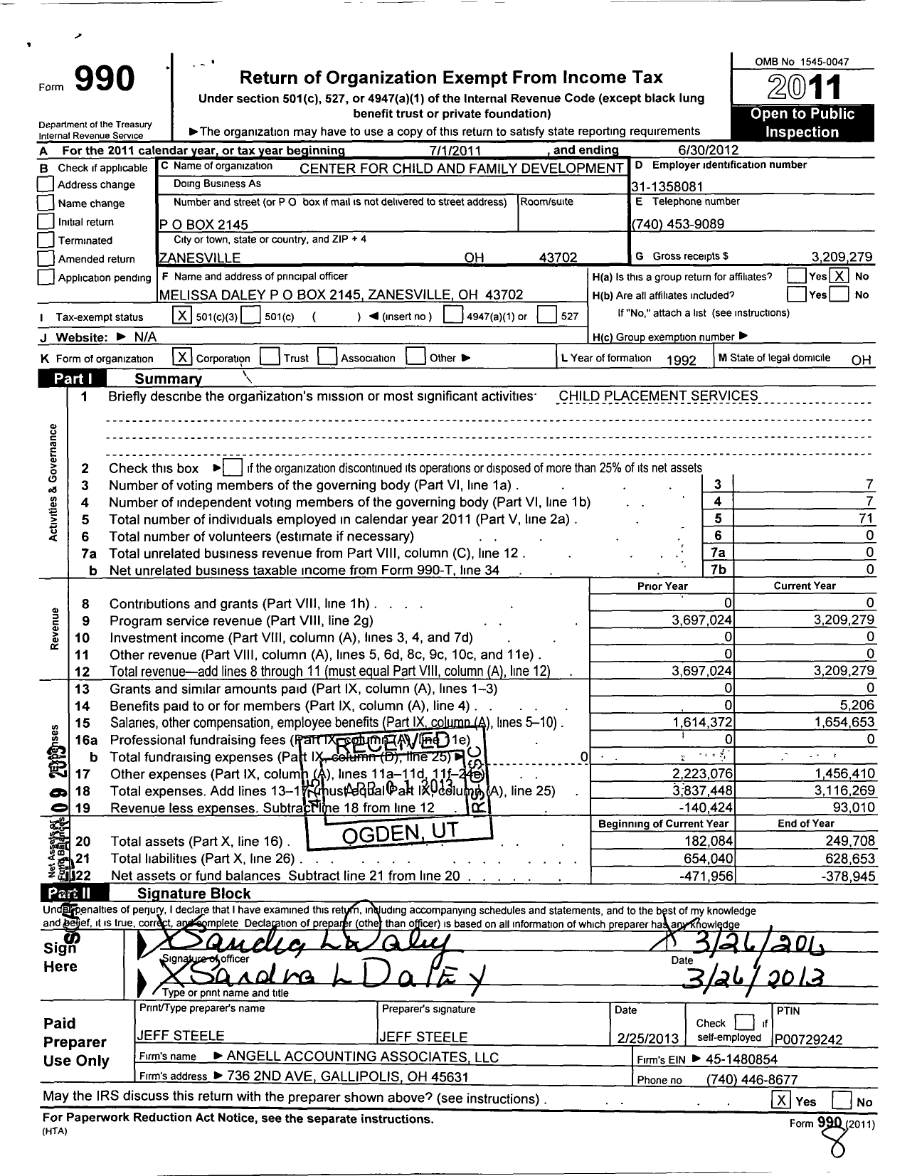 Image of first page of 2011 Form 990 for Center for Child and Family Development