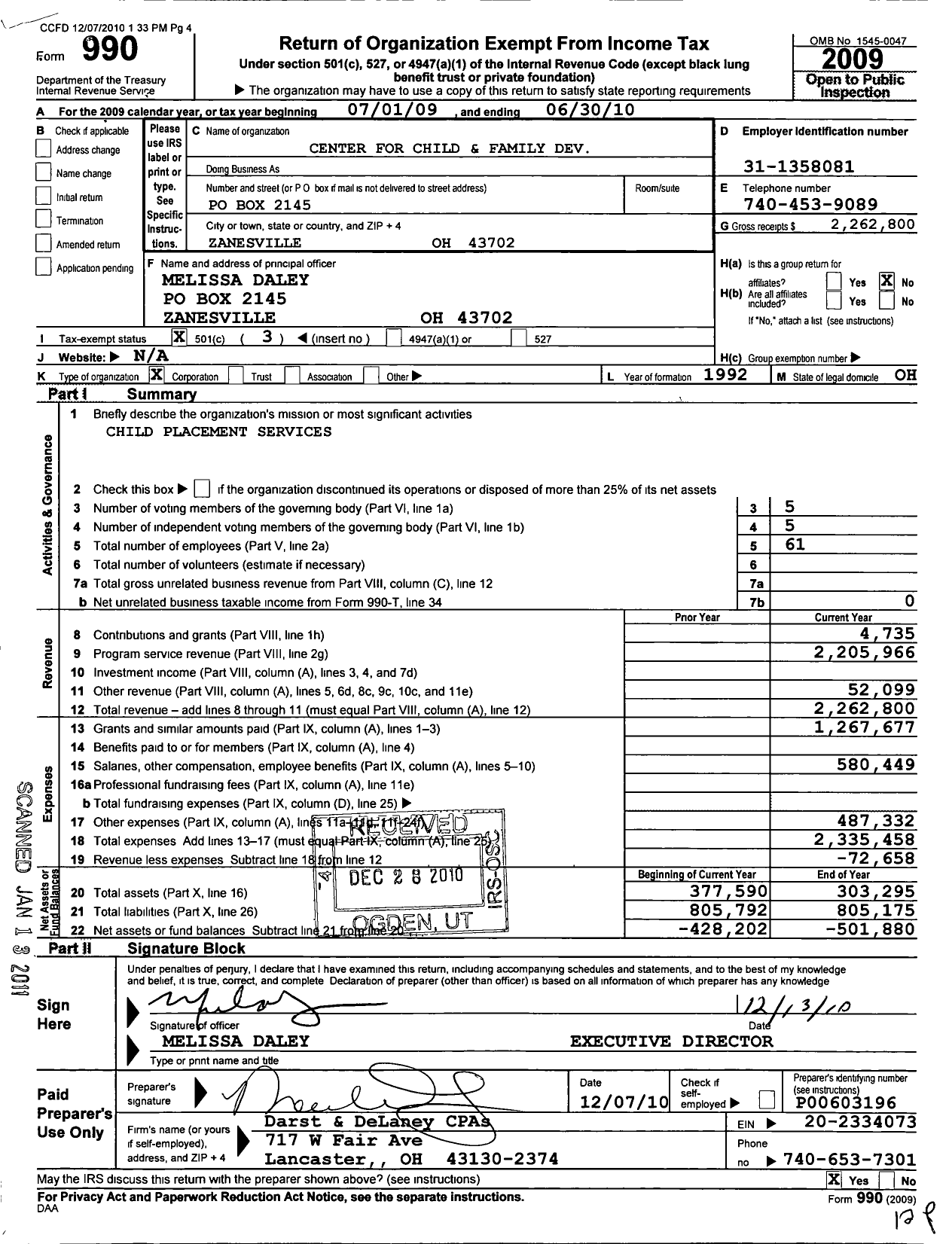 Image of first page of 2009 Form 990 for Center for Child and Family Development