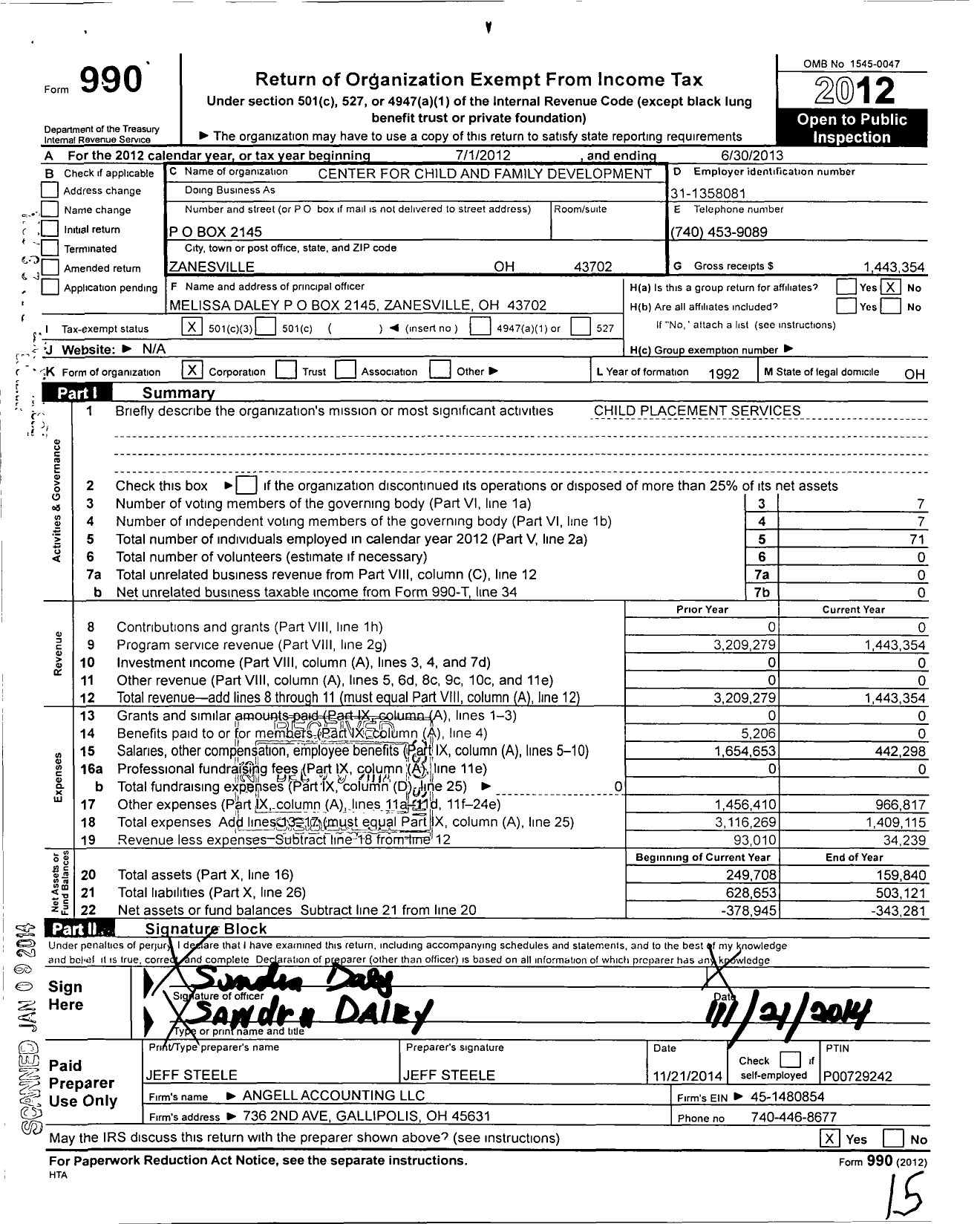 Image of first page of 2012 Form 990 for Center for Child and Family Development