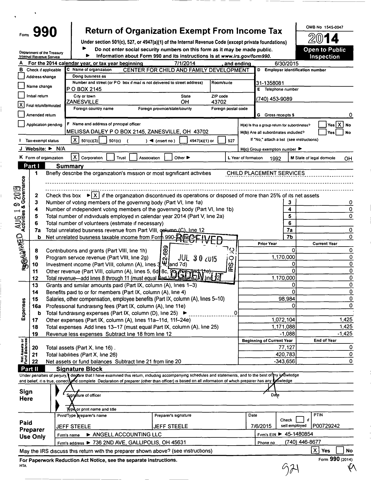 Image of first page of 2014 Form 990 for Center for Child and Family Development