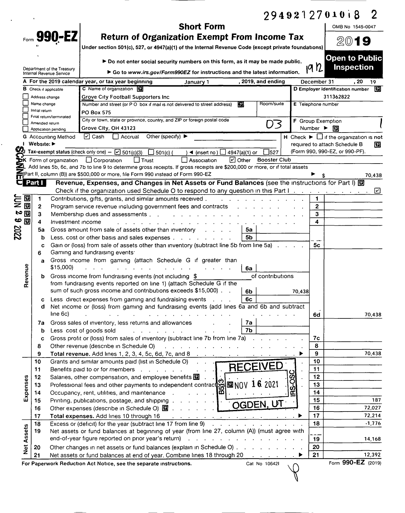 Image of first page of 2019 Form 990EZ for Grove City Football Supporters