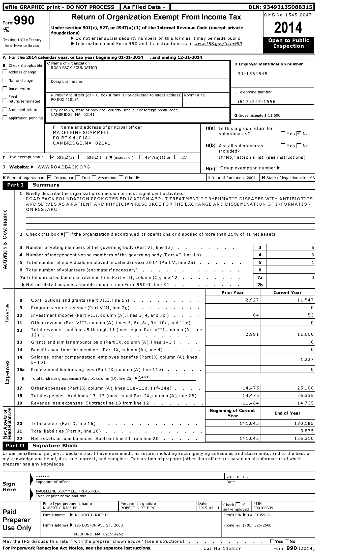 Image of first page of 2014 Form 990 for Road Back Foundation