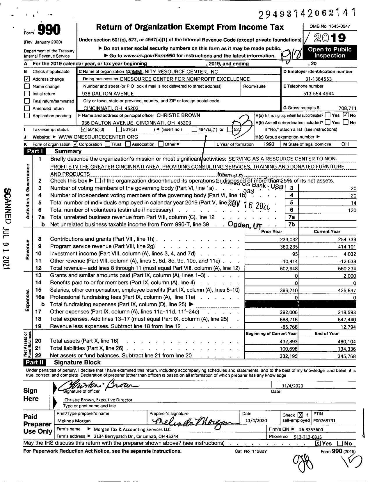 Image of first page of 2019 Form 990 for OneSource Center for NonProfit Excellence