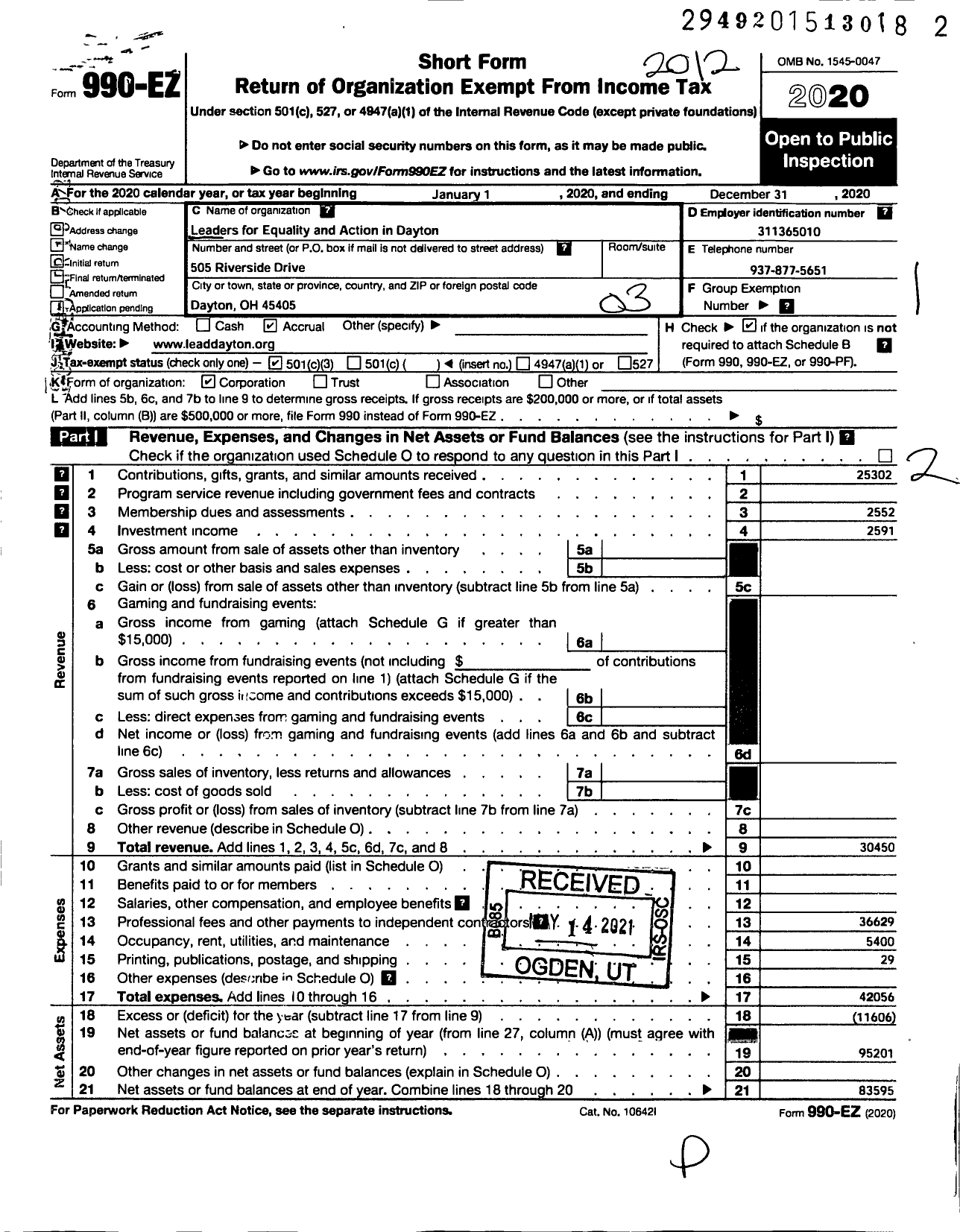 Image of first page of 2020 Form 990EZ for Leaders for Equality and Action in Dayton (LEAD)