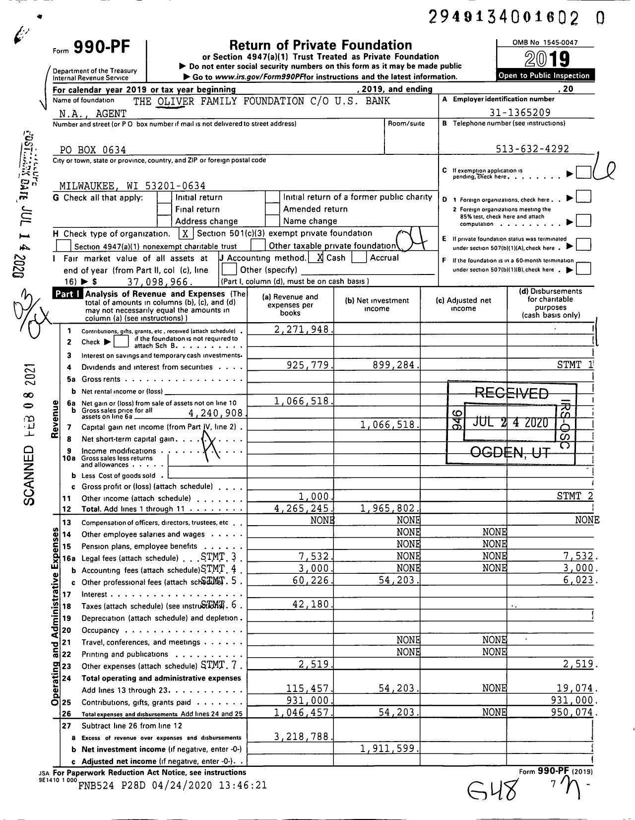 Image of first page of 2019 Form 990PF for The Oliver Family Foundation