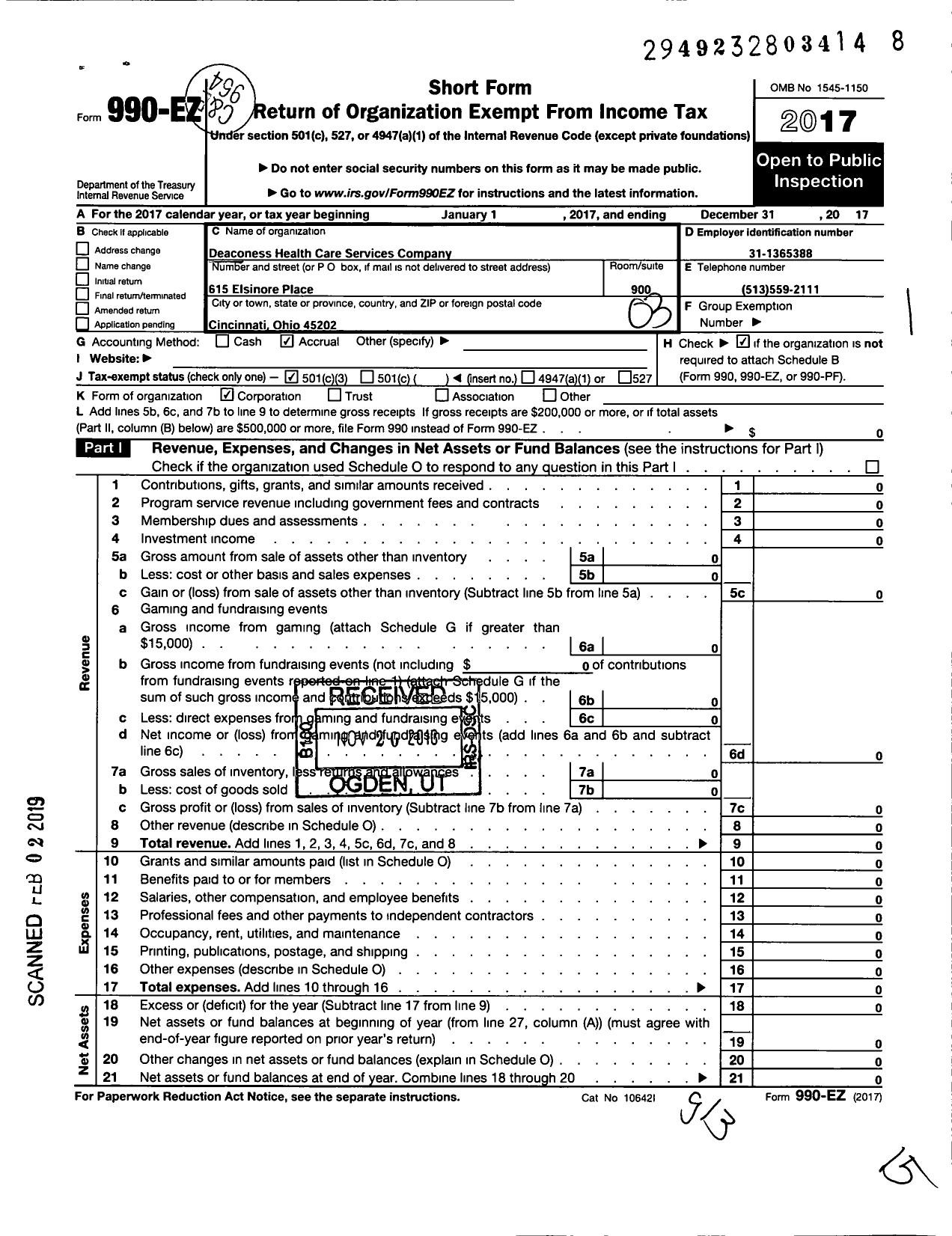 Image of first page of 2017 Form 990EZ for Deaconess Health Care Services Company